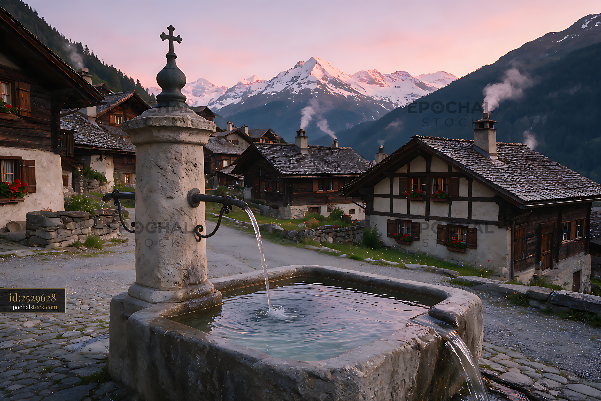 Watermarked full-resolution preview of Stone fountain in a Swiss alpine village