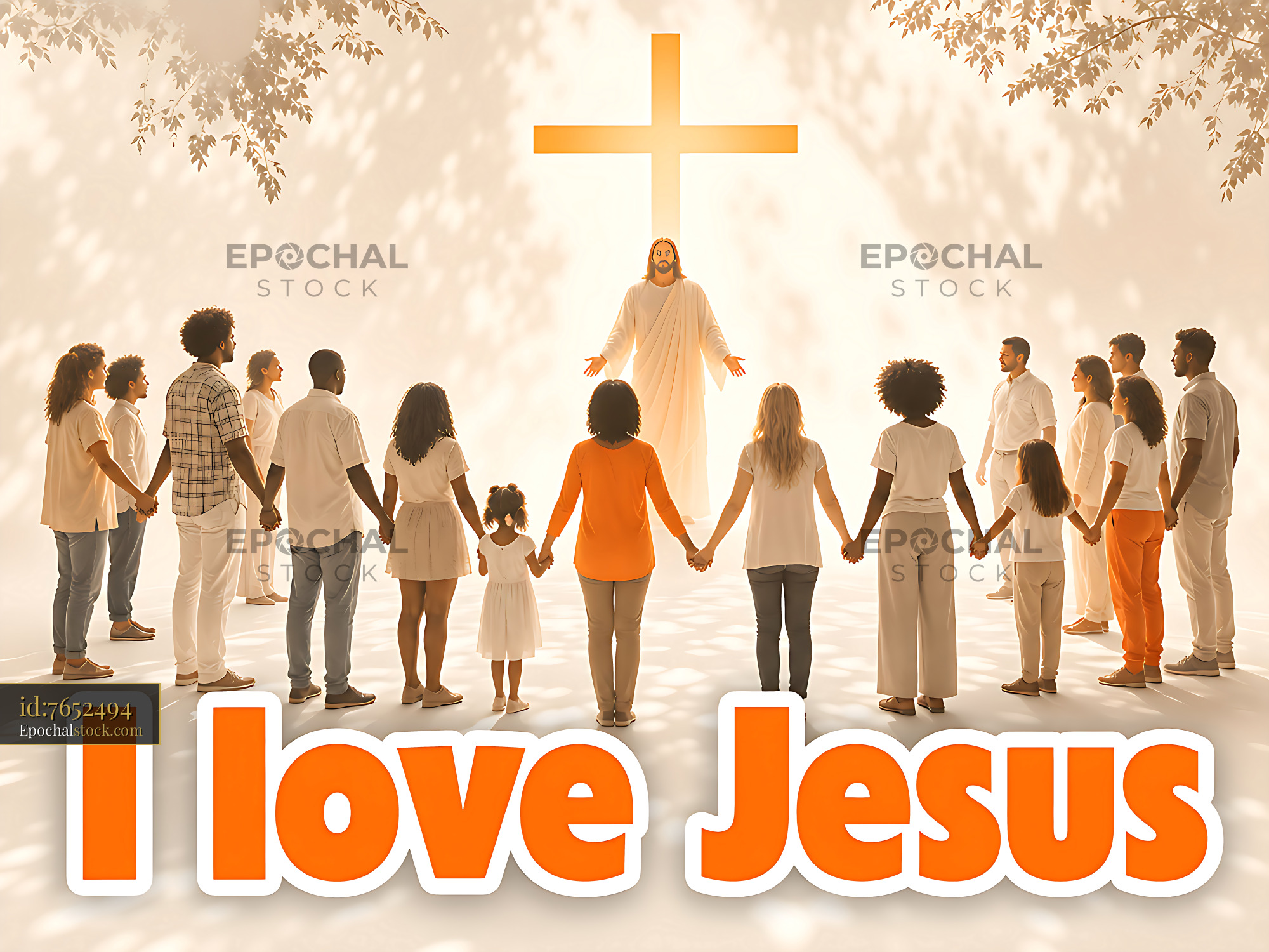Group of People Holding Hands in Front of a Cross With Jesus - stock photo