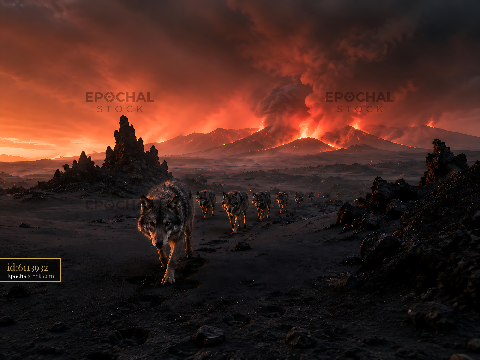 Watermarked full-resolution preview of Wolves walking through volcanic landscape at sunset