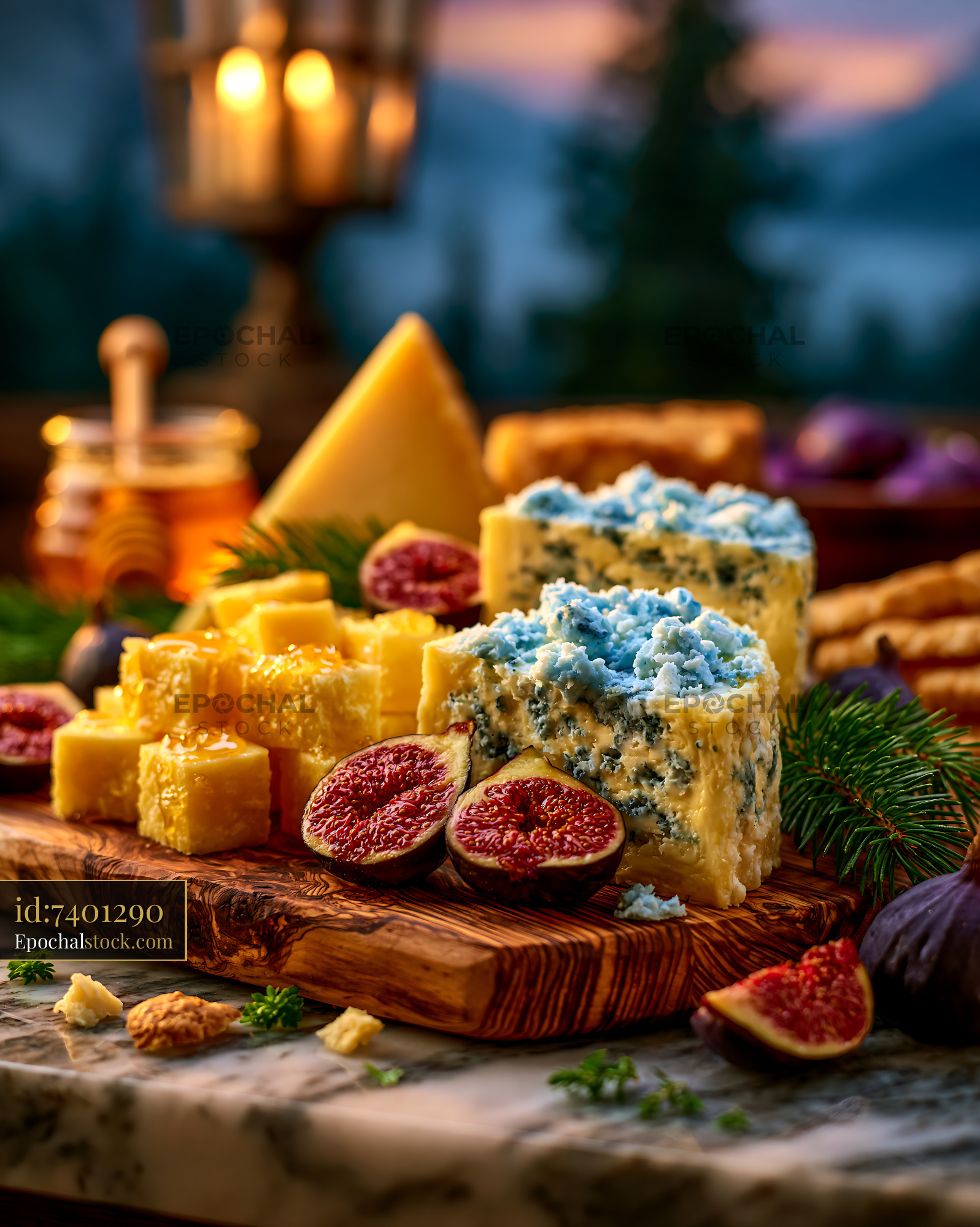 Watermarked full-resolution preview of Cheese platter with figs and honey at sunset