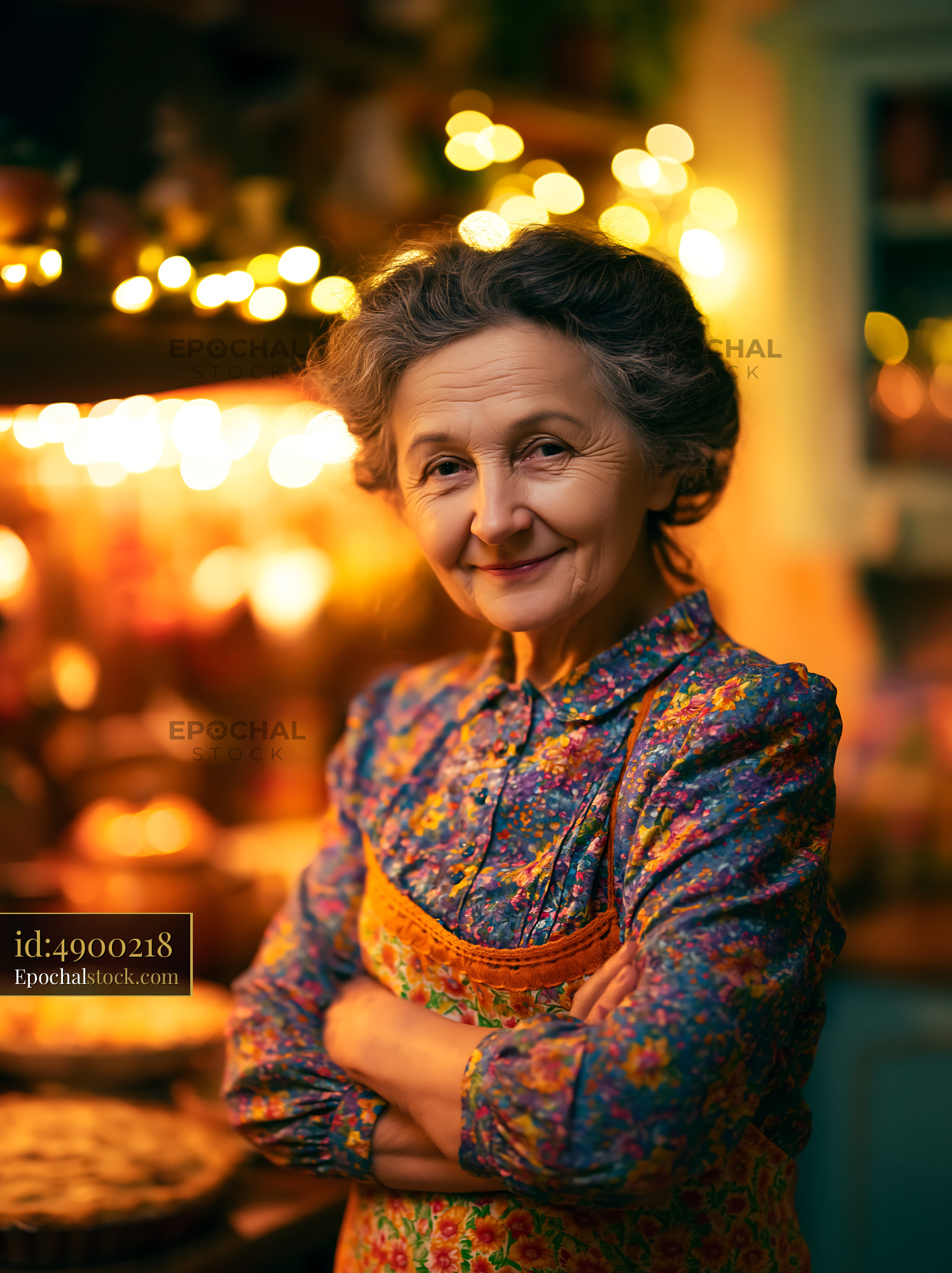 Watermarked full-resolution preview of Elderly woman smiling in a cozy kitchen with warm lights