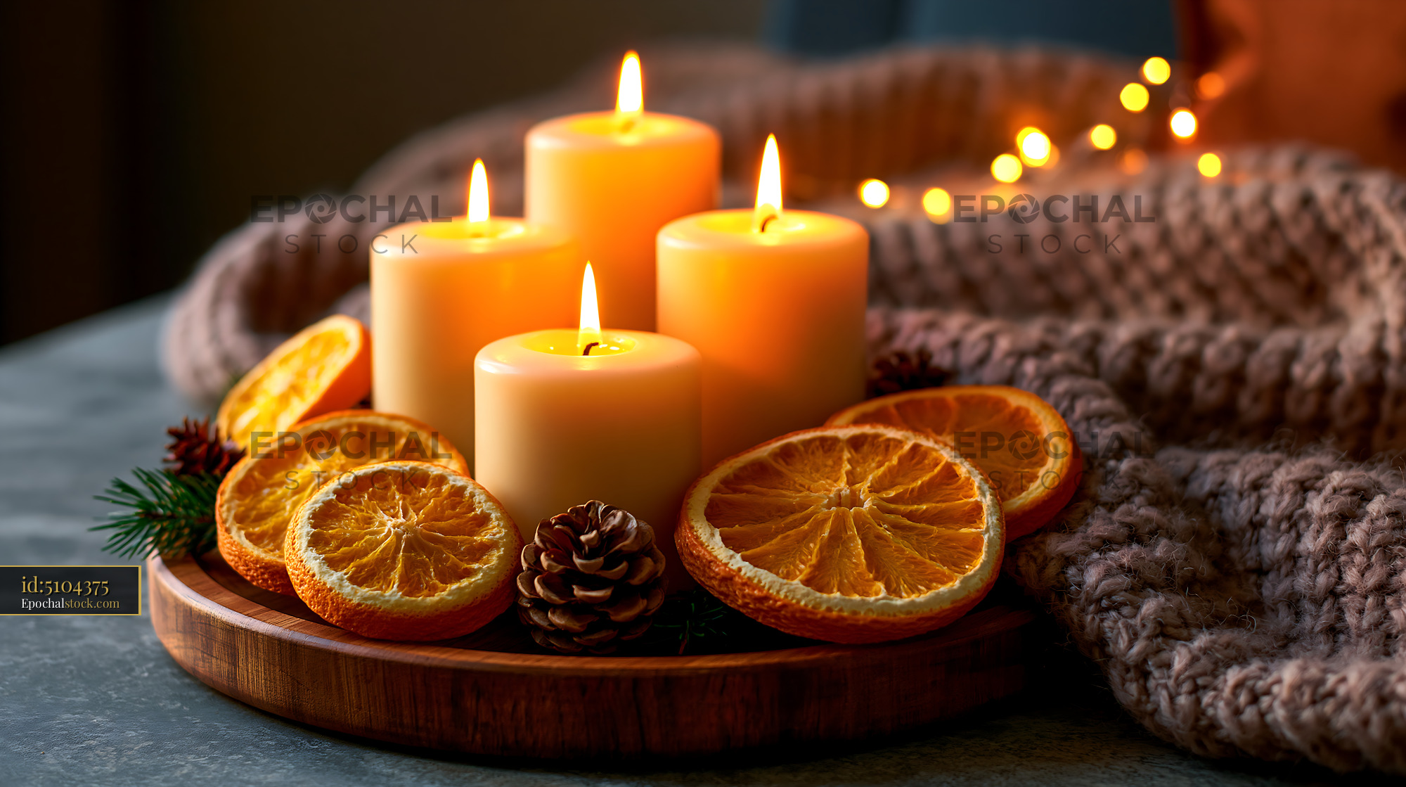 Watermarked full-resolution preview of Cozy candle arrangement with oranges and winter decorations