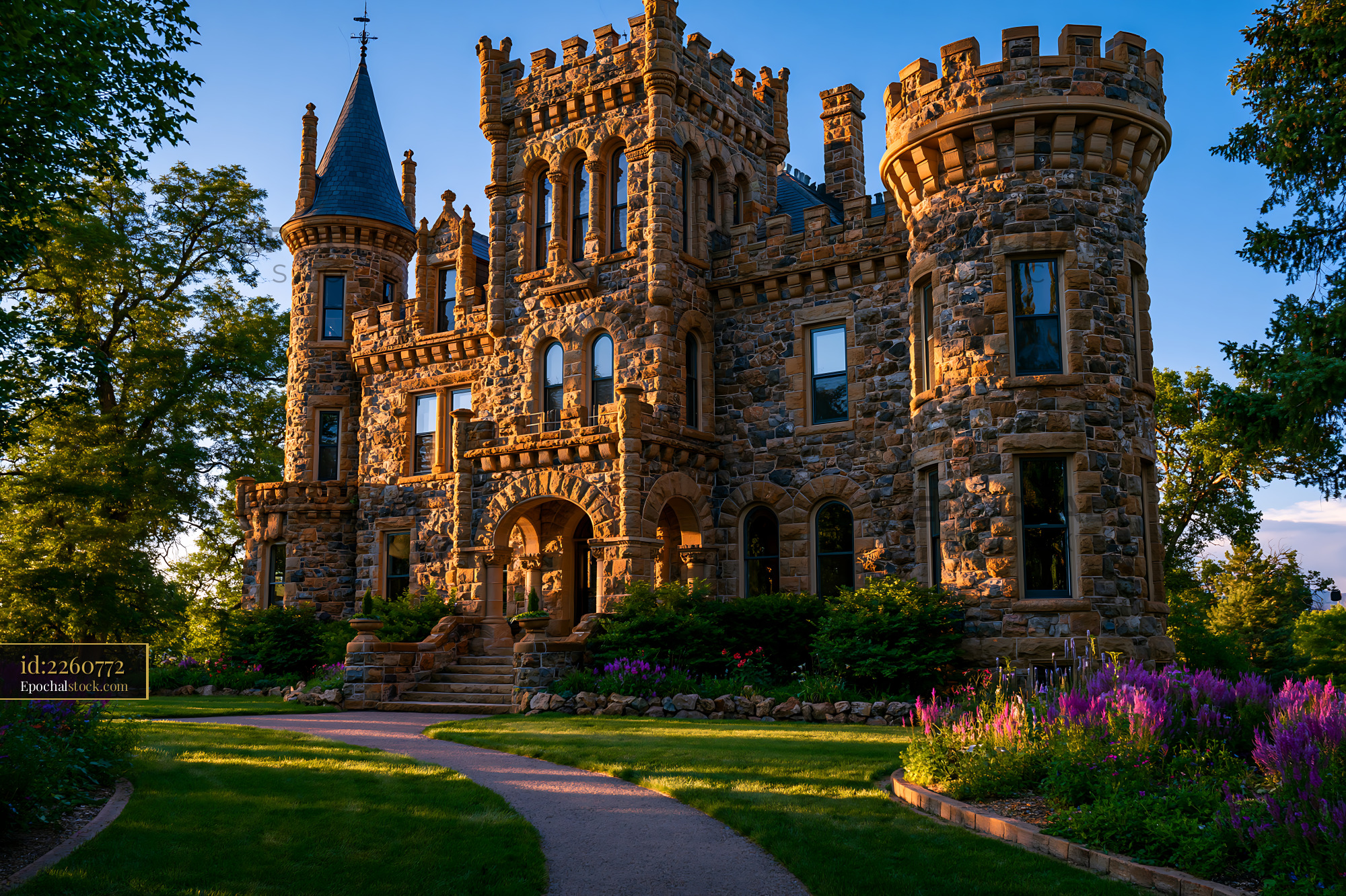 Watermarked full-resolution preview of Stone castle with towers and garden during daytime