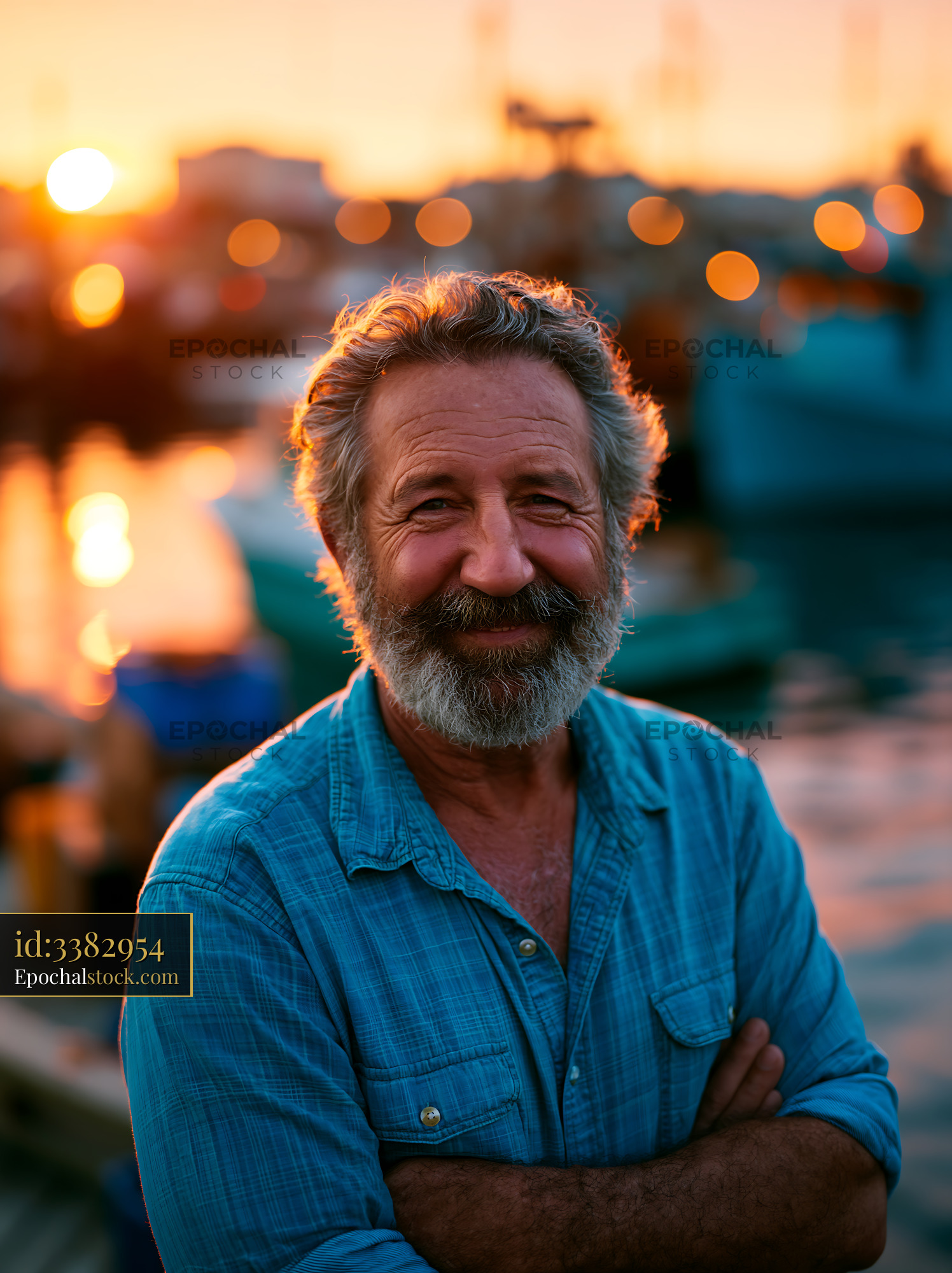 Watermarked full-resolution preview of Smiling man standing by the harbor during sunset