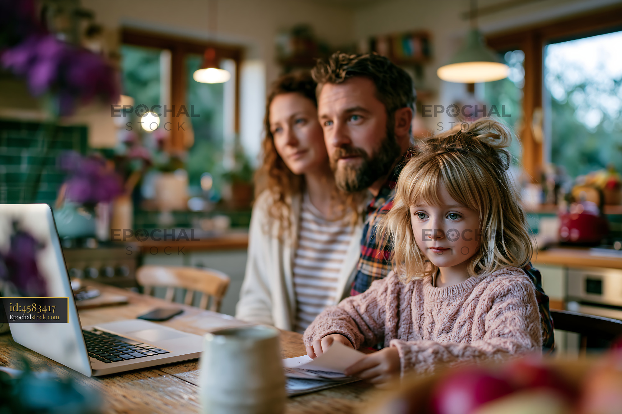 Family Evaluating Insurance Offers at Home in Cozy Setting - stock photo