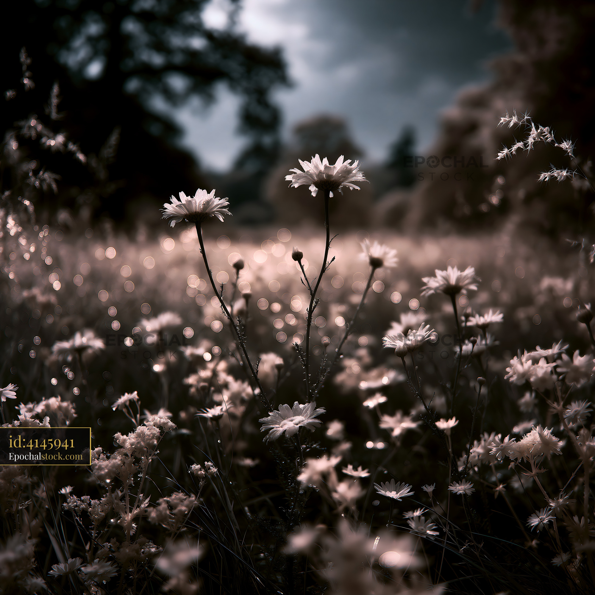 Watermarked full-resolution preview of Field of flowers against a dark sky in late afternoon