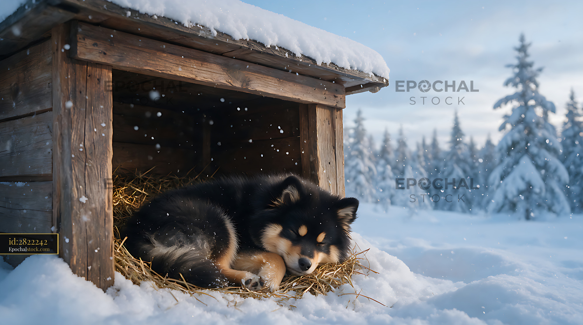 Watermarked full-resolution preview of Puppy sleeping on straw in a snowy shelter