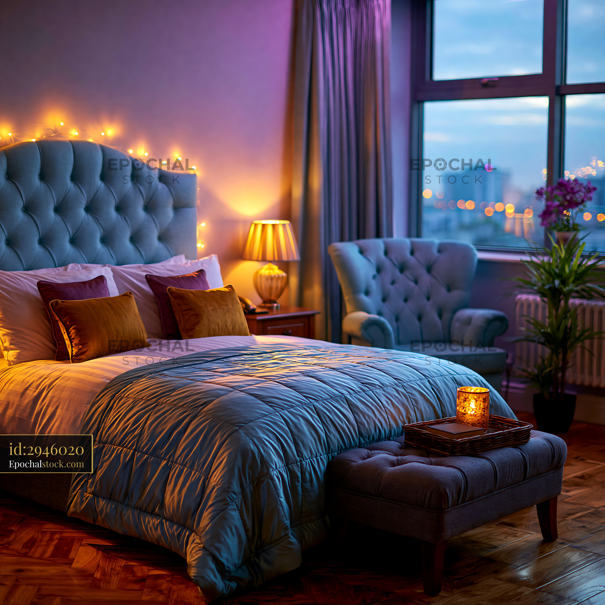 Watermarked full-resolution preview of Cozy bedroom with blue bedding and warm lighting in the evening