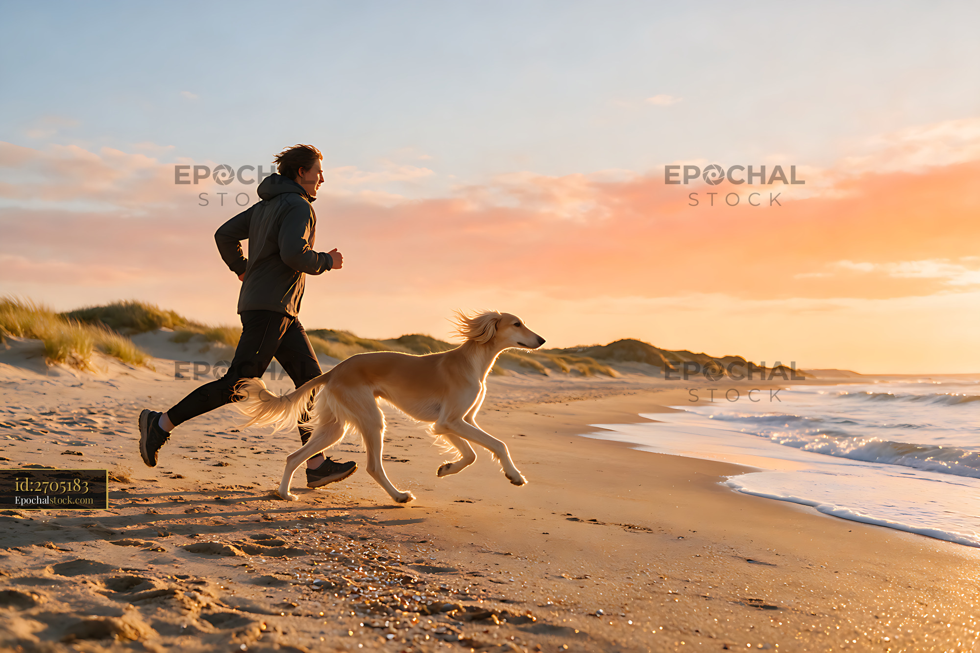 Watermarked full-resolution preview of Person running with a long-haired dog beside the sea