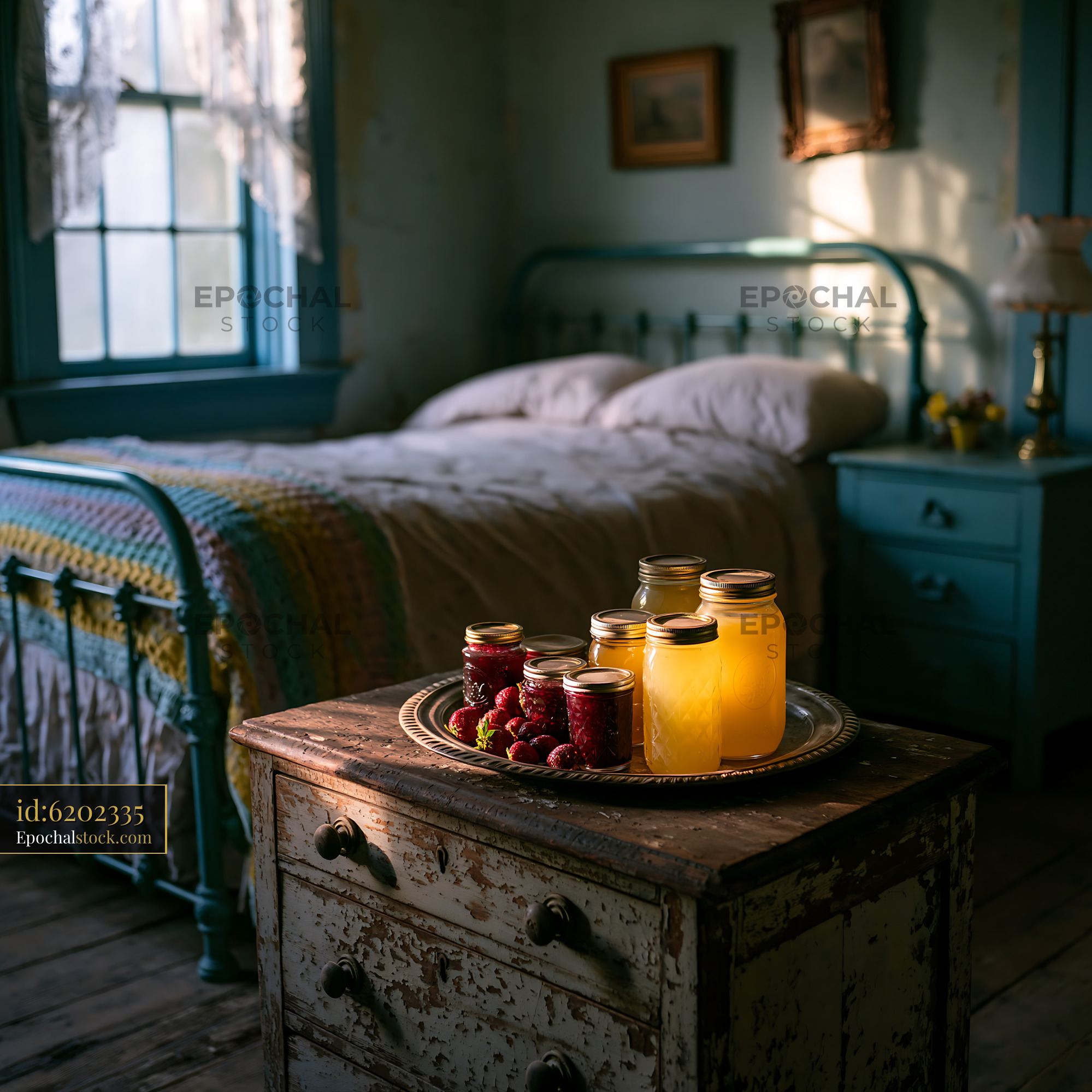 Watermarked full-resolution preview of Jars of fruit preserves on table in cozy bedroom during sunset