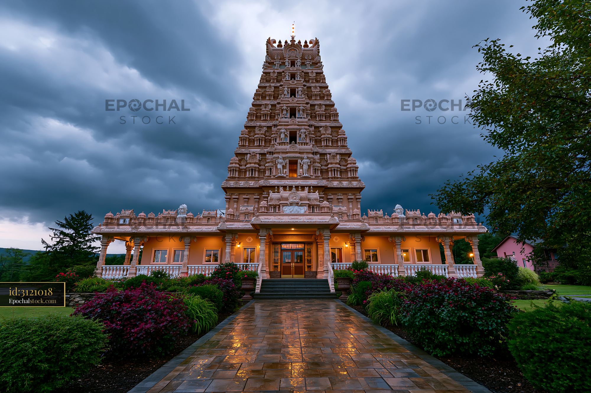 Watermarked full-resolution preview of Cloudy sky above a Hindu temple with a detailed facade