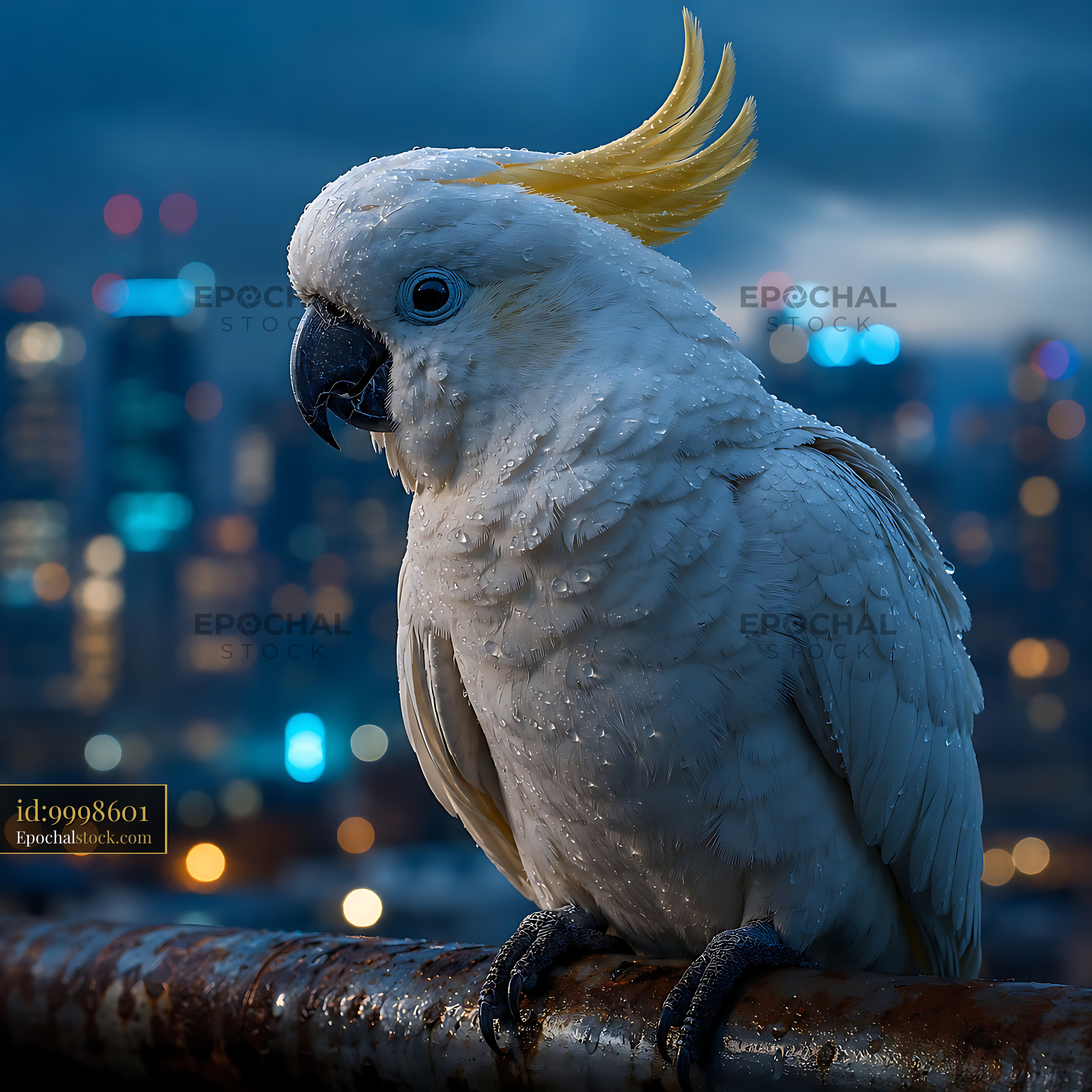 Cockatoo Perched on Railing With City Lights in Background - stock photo