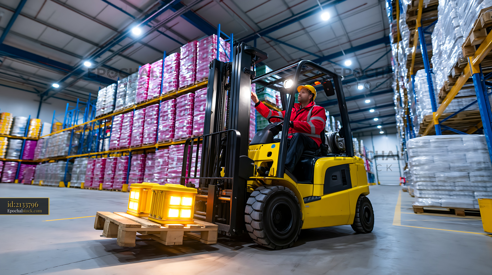 Watermarked full-resolution preview of Forklift operator moving pallets in a warehouse