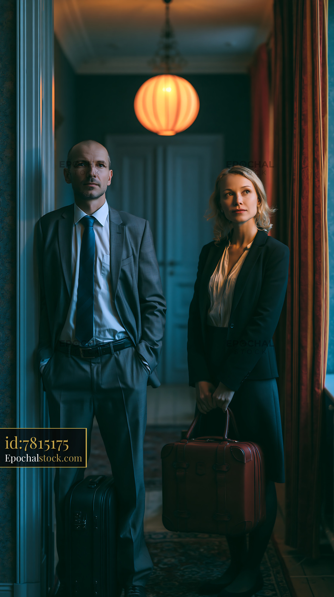 Watermarked full-resolution preview of Business professionals waiting in a hallway during late evening