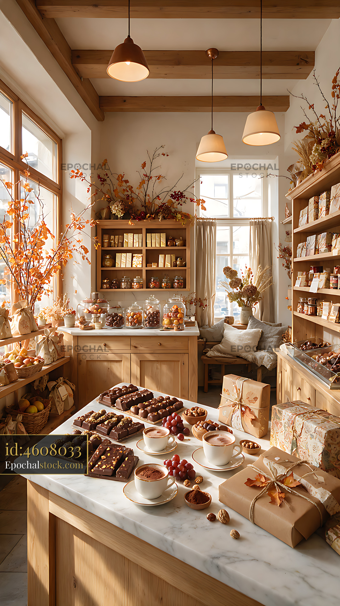 Watermarked full-resolution preview of Warm chocolate boutique interior with gift boxes and pralines