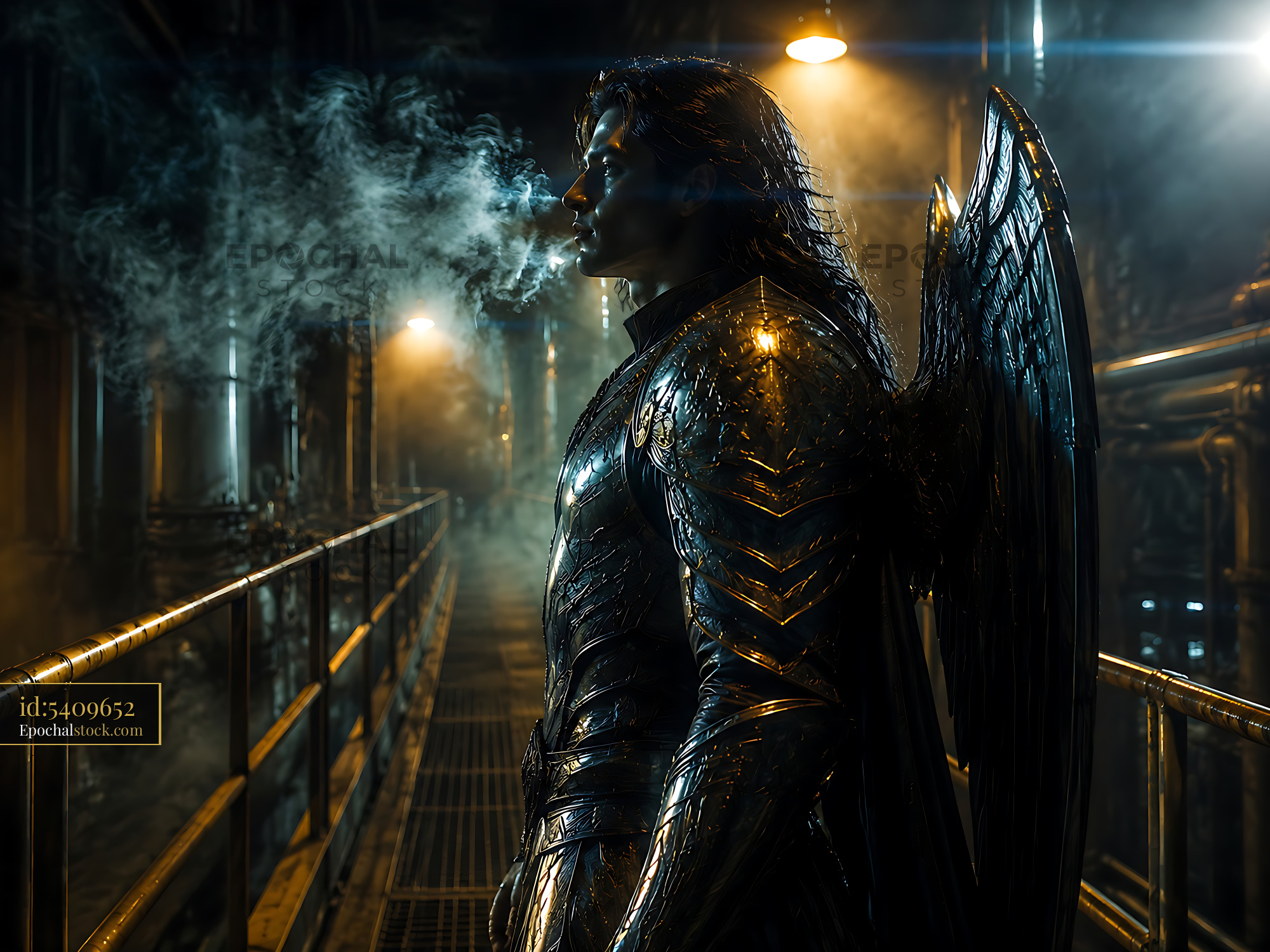 Watermarked full-resolution preview of Angel figure stands in industrial setting with smoke