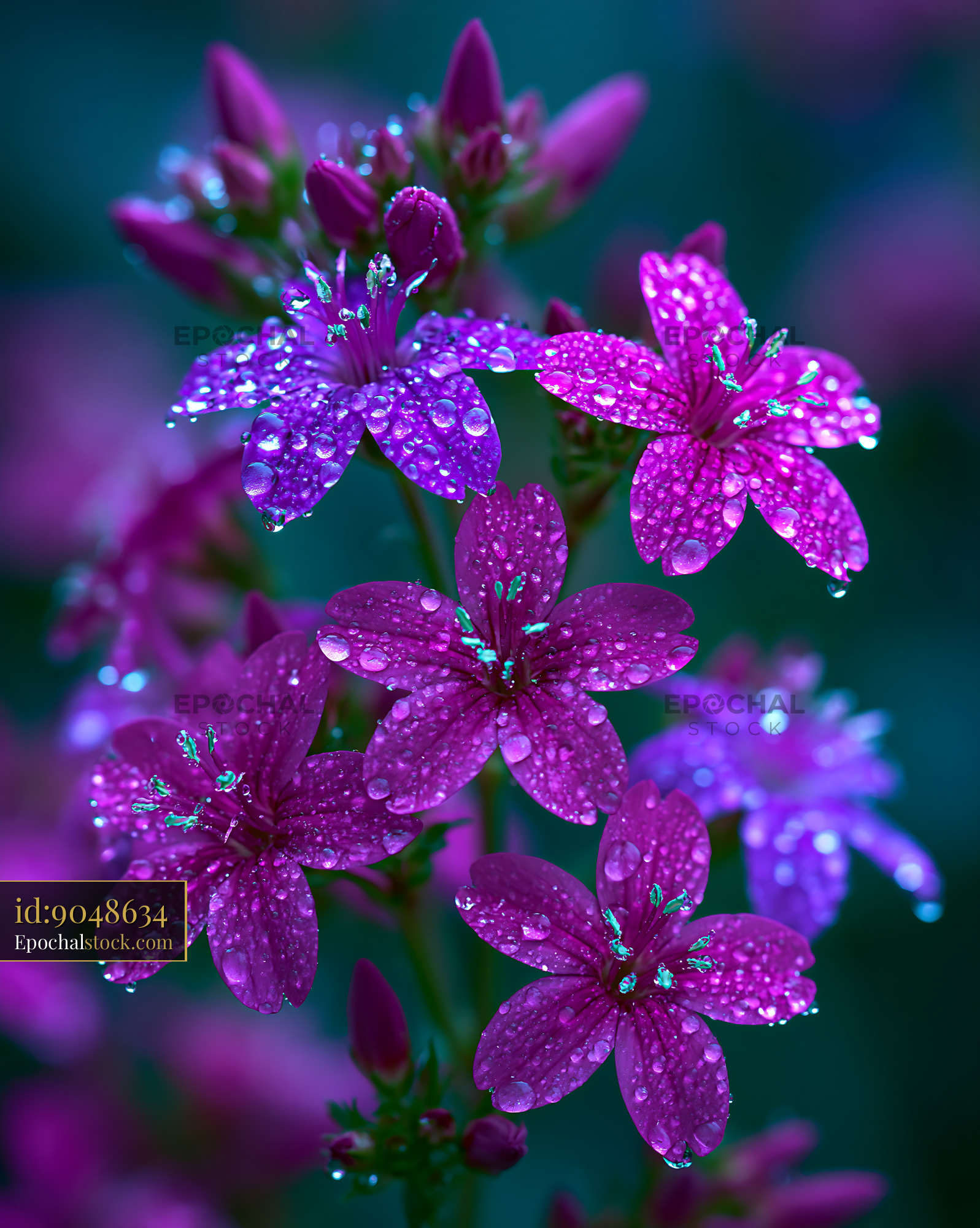 Watermarked full-resolution preview of Purple flowers with water droplets in outdoor setting