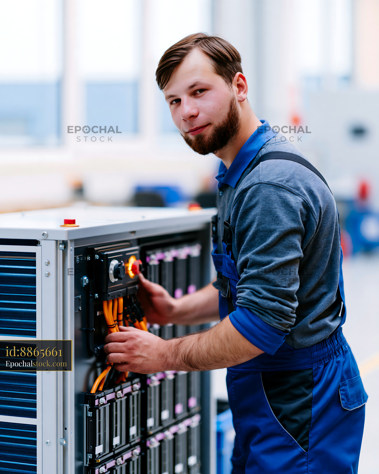 Watermarked full-resolution preview of Man working on electrical control panel in industrial setting