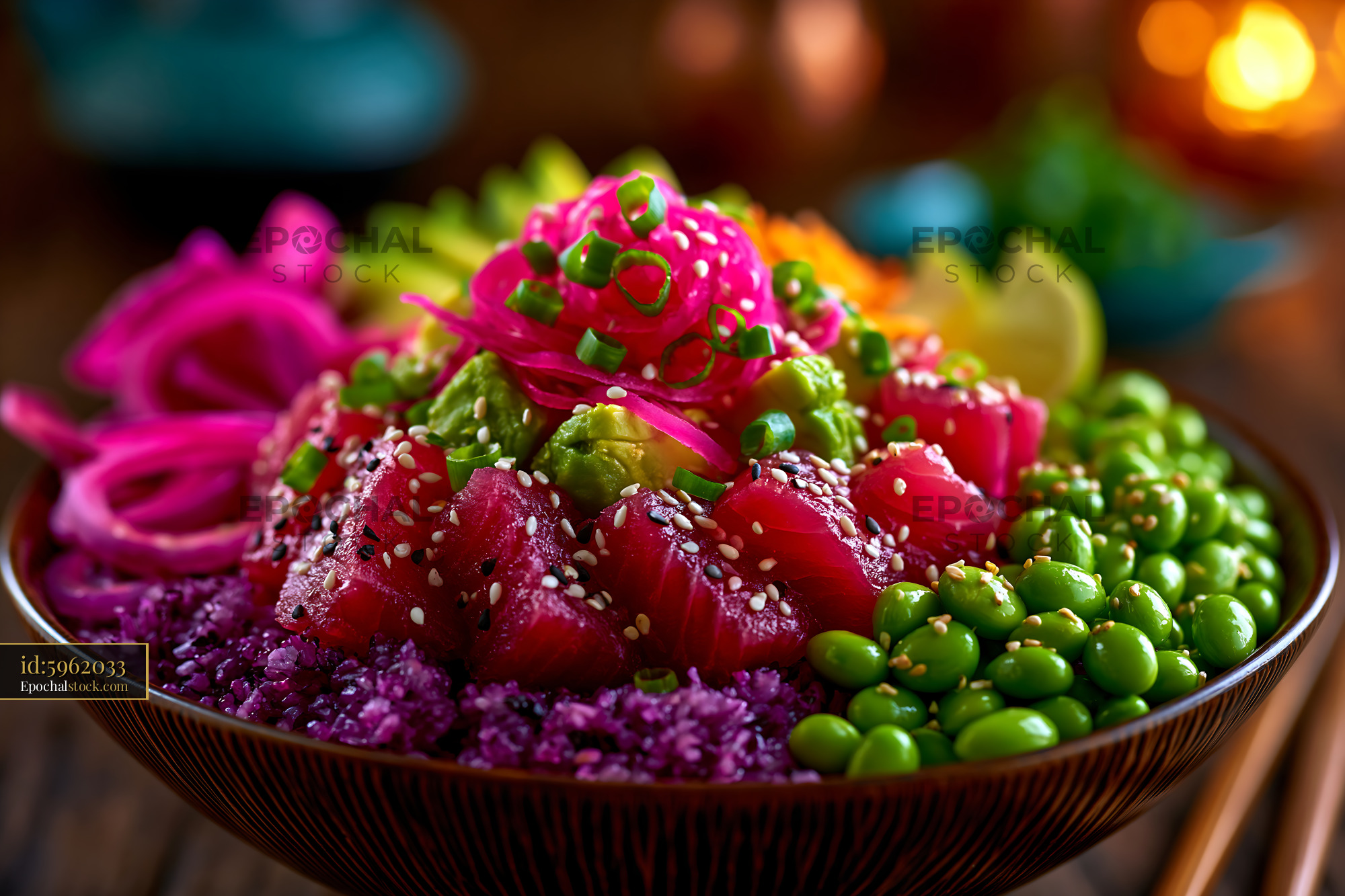 Watermarked full-resolution preview of Fresh sushi bowl with colorful ingredients and toppings