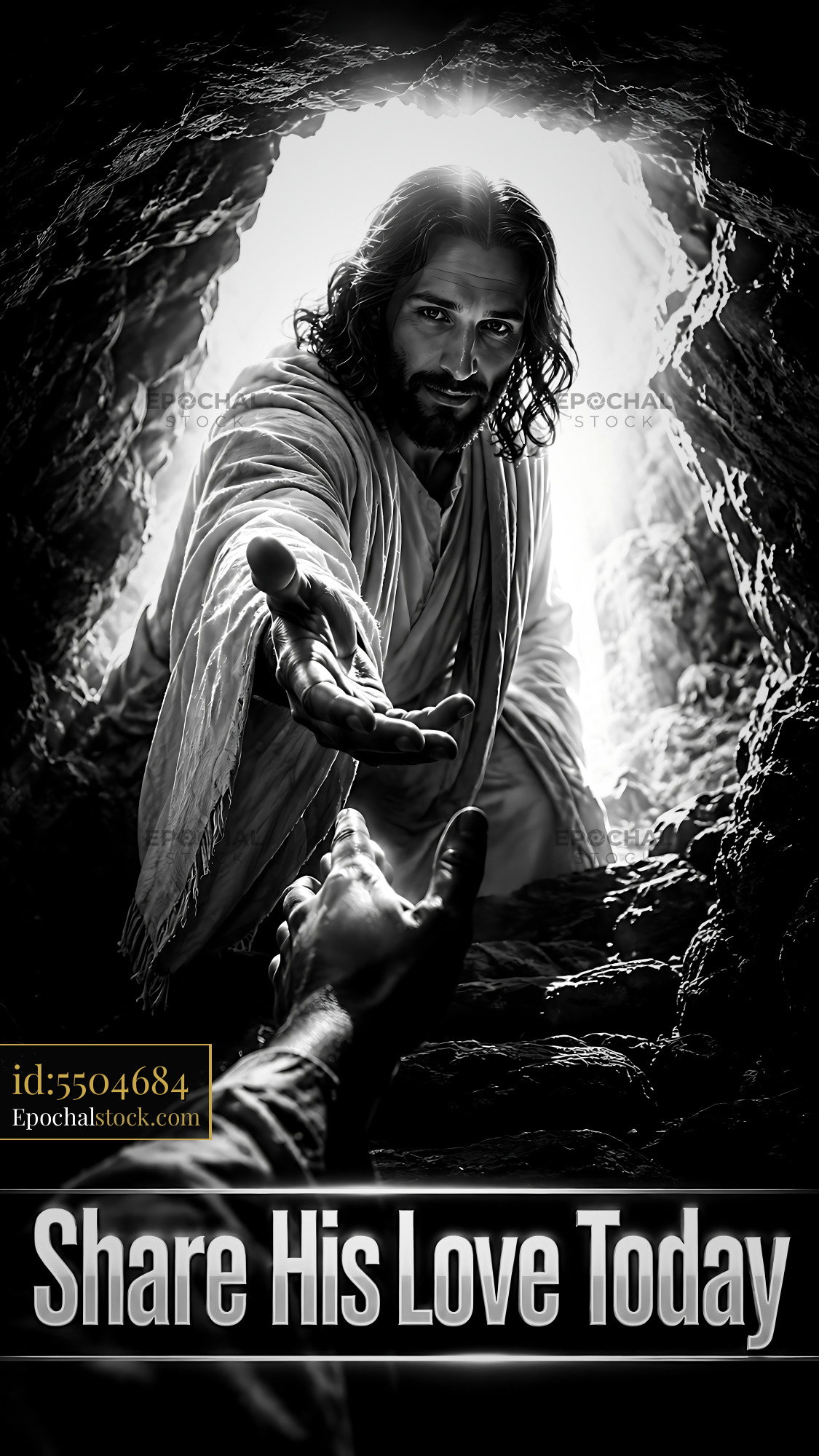 Watermarked full-resolution preview of Man offering hand in dark cave scene