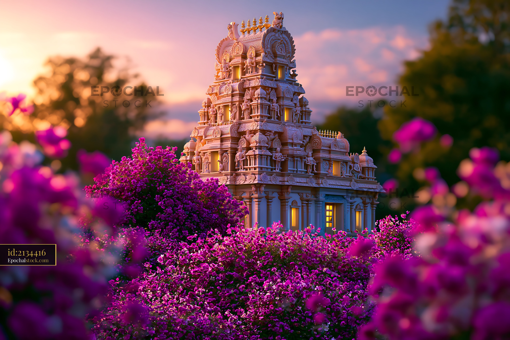 Watermarked full-resolution preview of Temple surrounded by blooming pink flowers at sunset