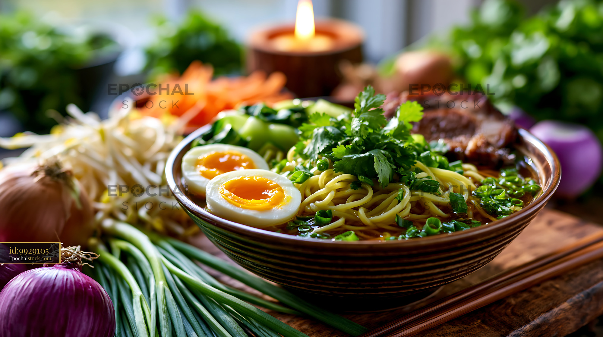 Watermarked full-resolution preview of Delicious bowl of noodles with vegetables and eggs served on a table