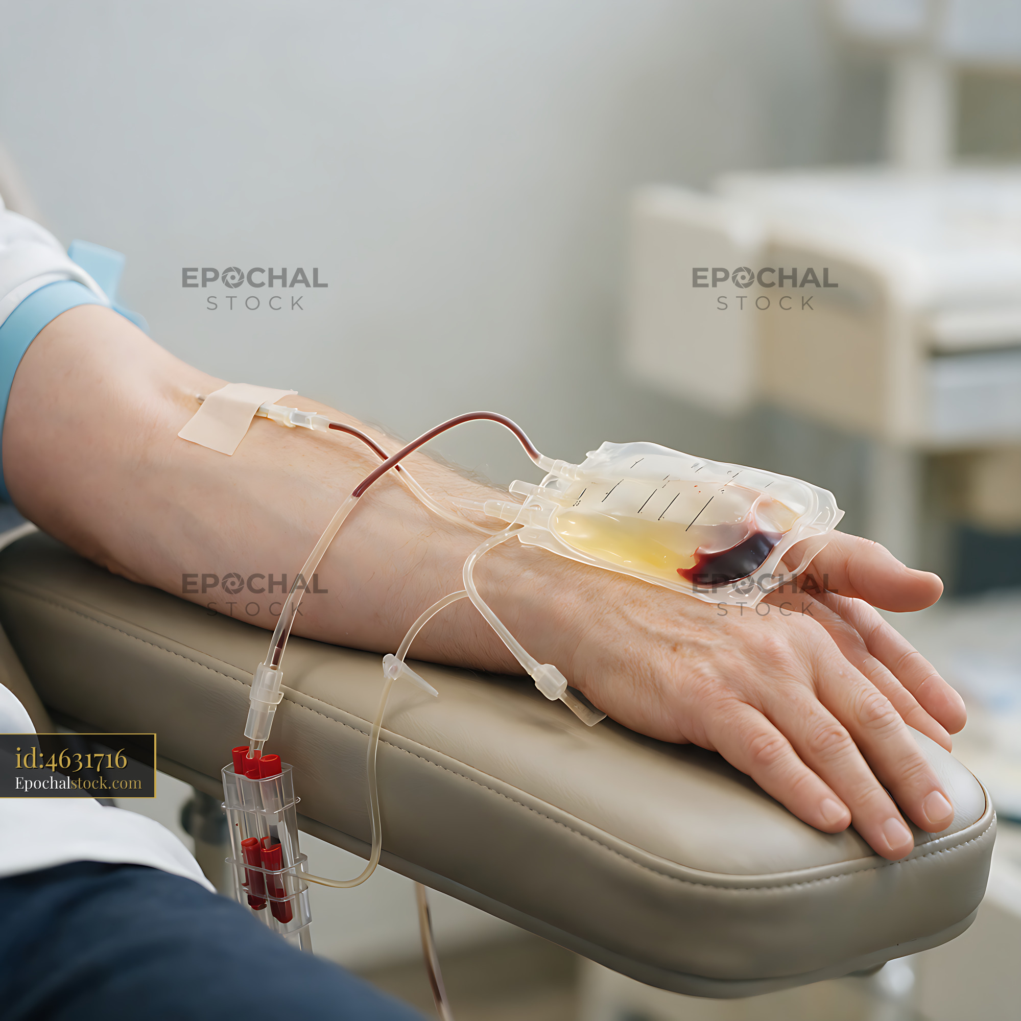 Watermarked full-resolution preview of Close-up of blood donation equipment and donor's arm