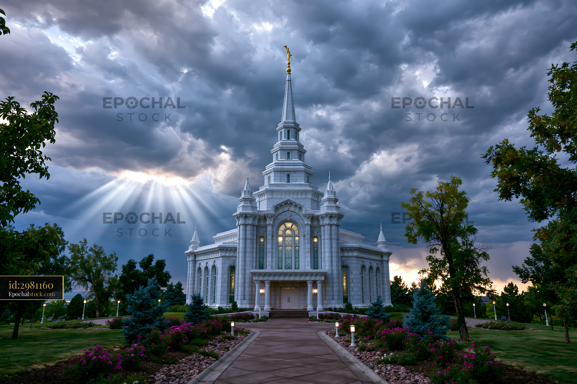 Watermarked full-resolution preview of Cloudy sky over a large white building in a park setting