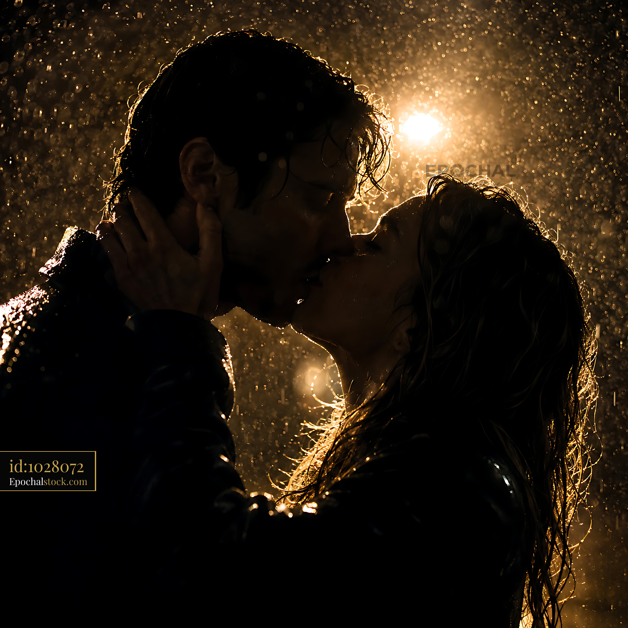 Watermarked full-resolution preview of Couple kissing in the rain under streetlamp at night