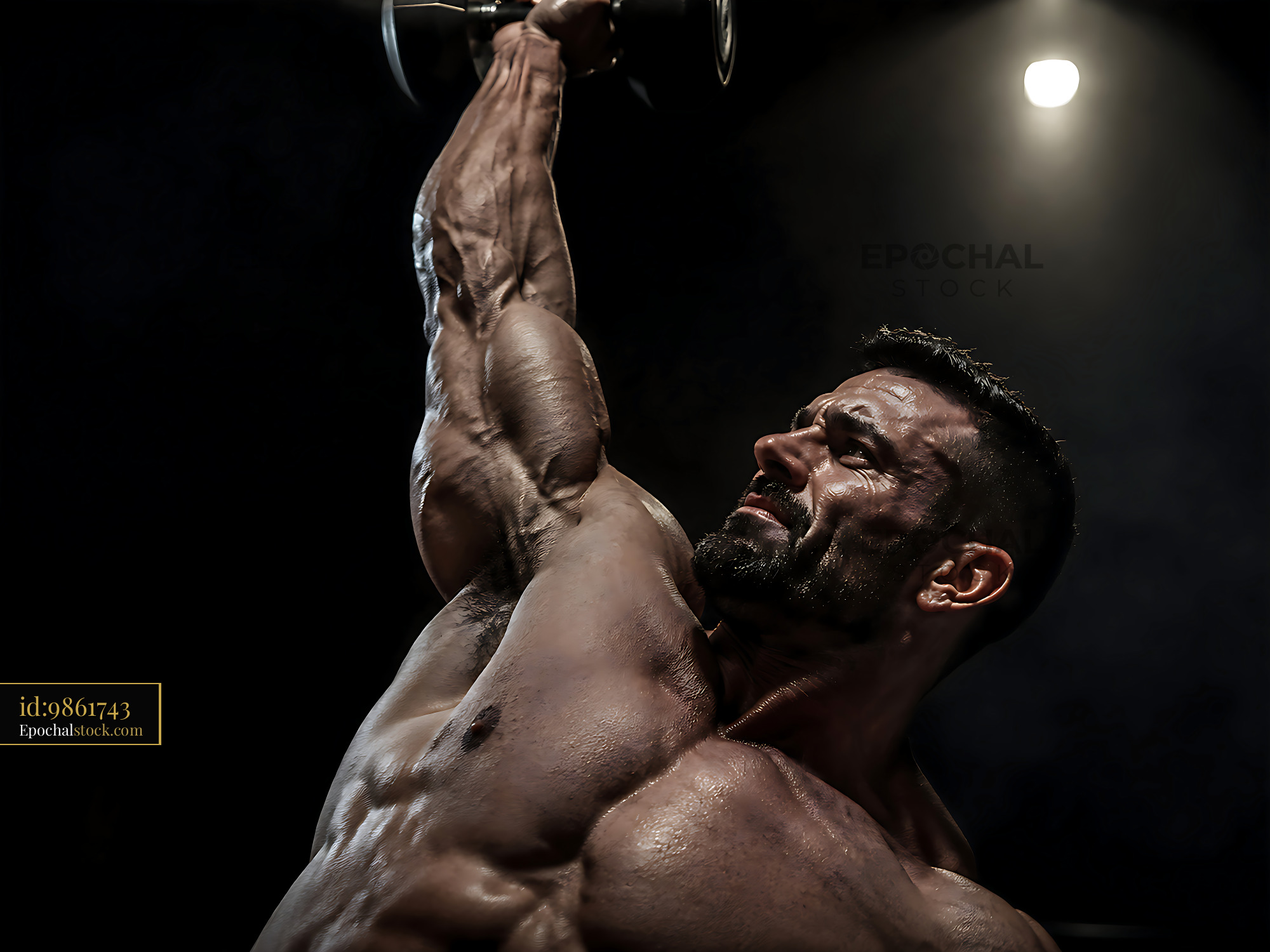 Watermarked full-resolution preview of Muscular man lifting dumbbell in dark gym setting
