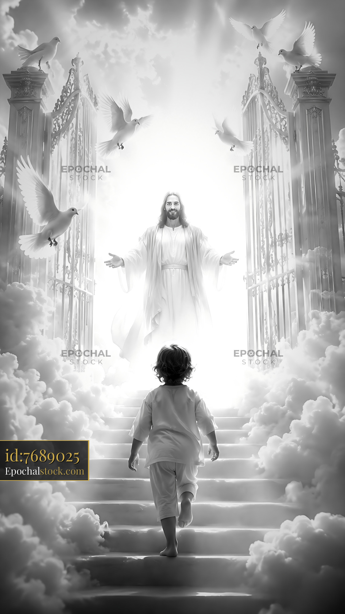 Watermarked full-resolution preview of Child approaching a figure at the gates with doves in the sky