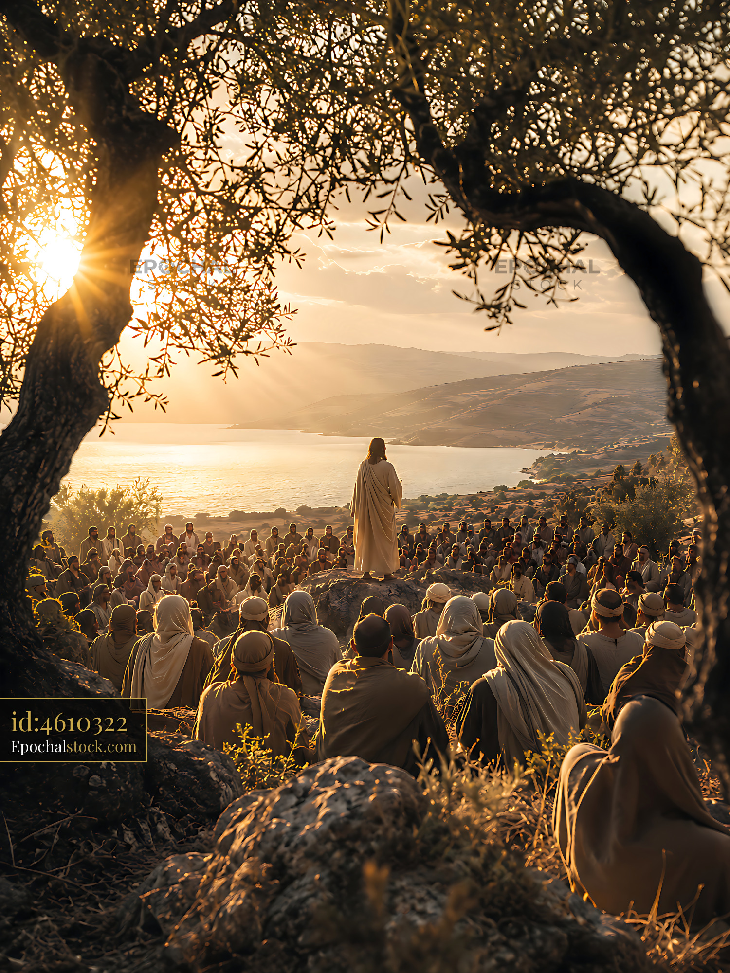 Jesus Speaks to a Large Crowd During Sunset Near the Lake - stock photo