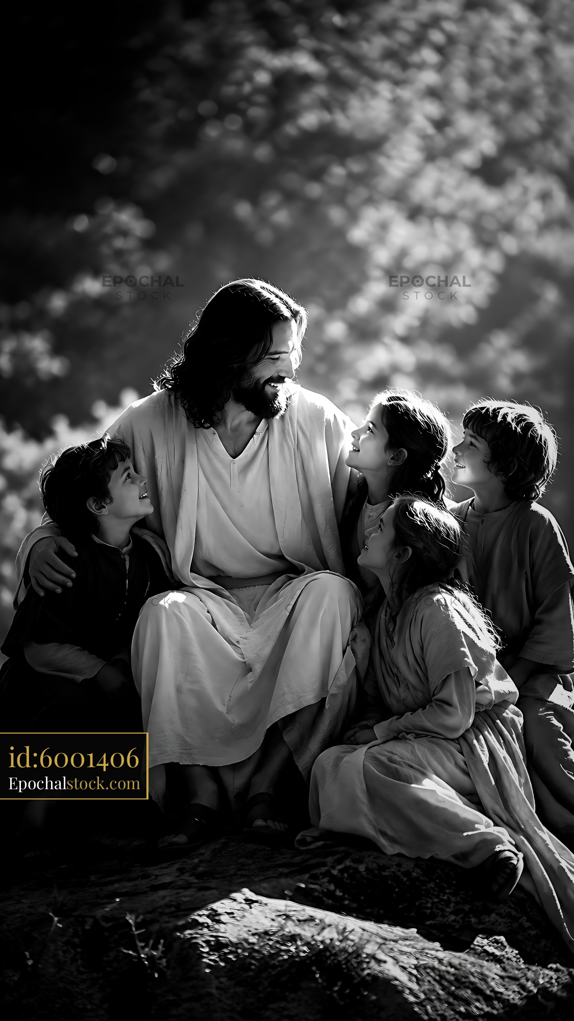 Watermarked full-resolution preview of Jesus interacts with children in a natural setting