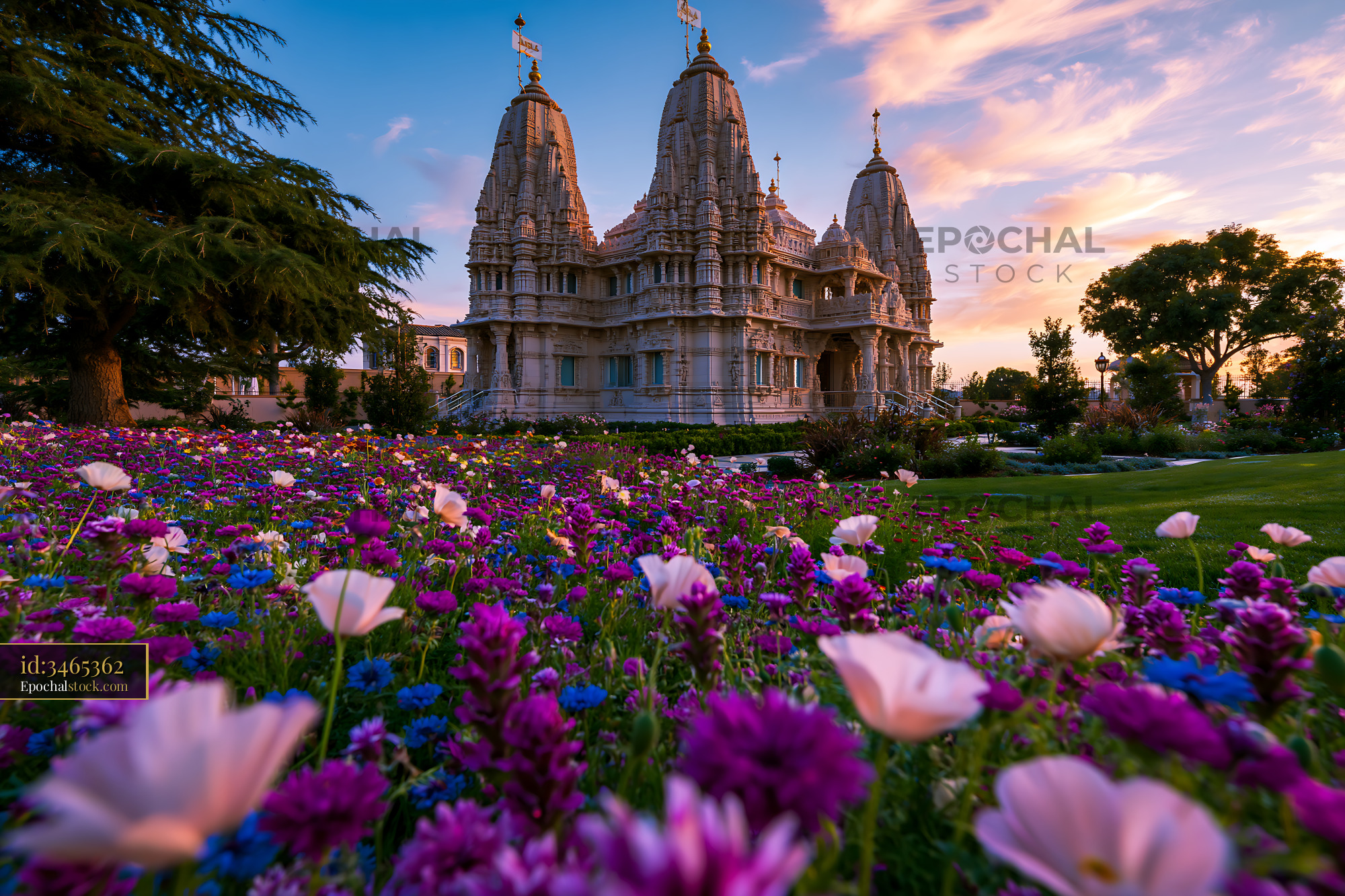 Watermarked full-resolution preview of Temple surrounded by colorful flowers at sunset