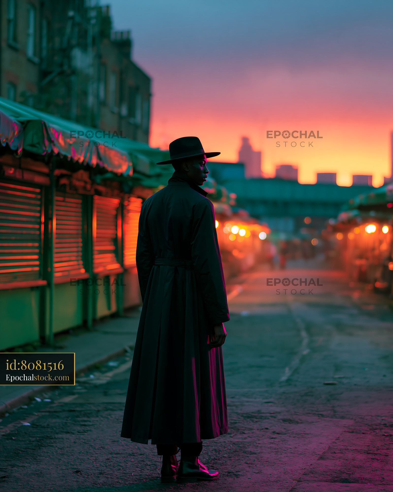 Watermarked full-resolution preview of Man standing in a coat at market during sunset in a city