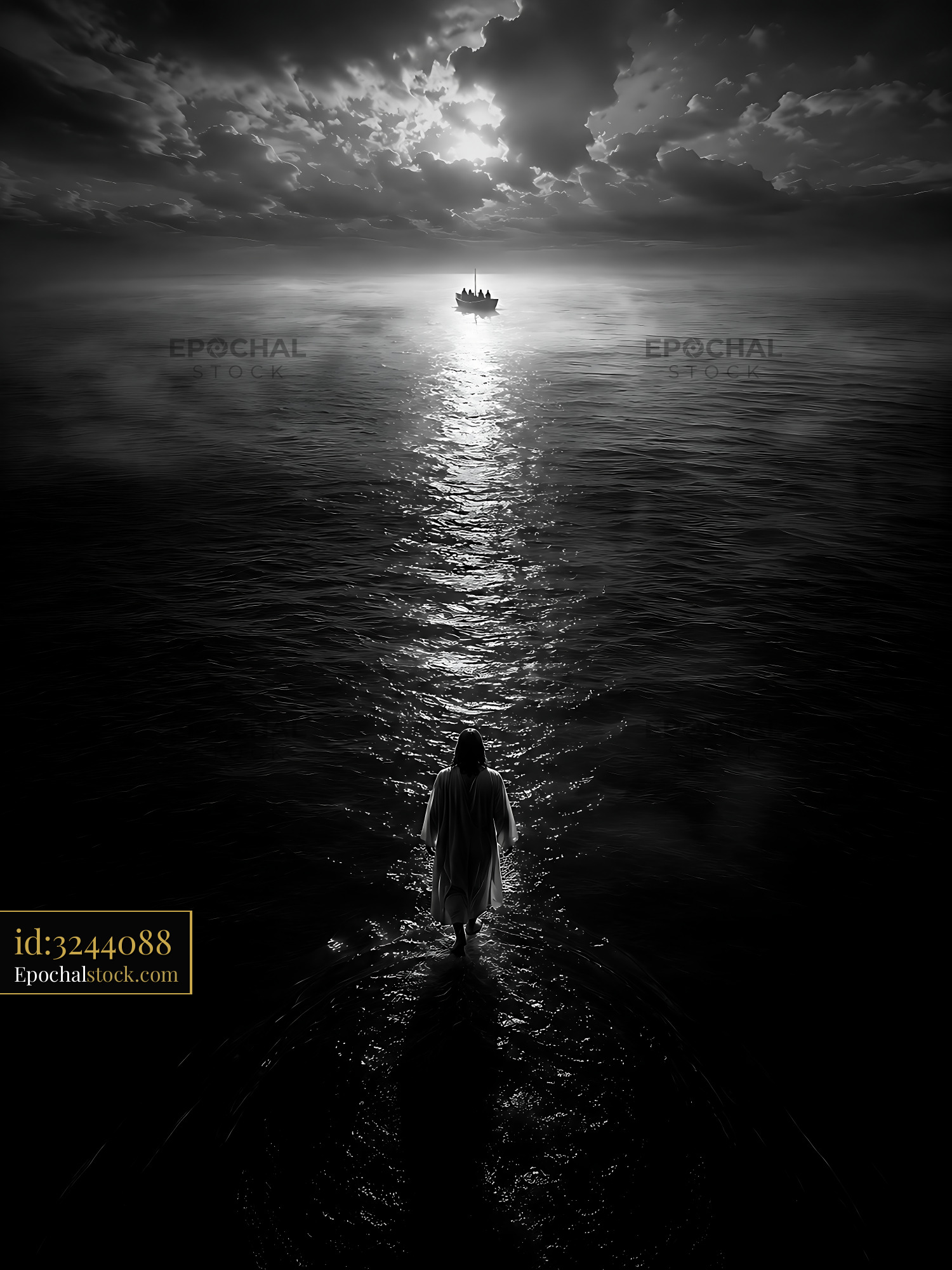 Watermarked full-resolution preview of Figure walking on water towards distant boat at sunset