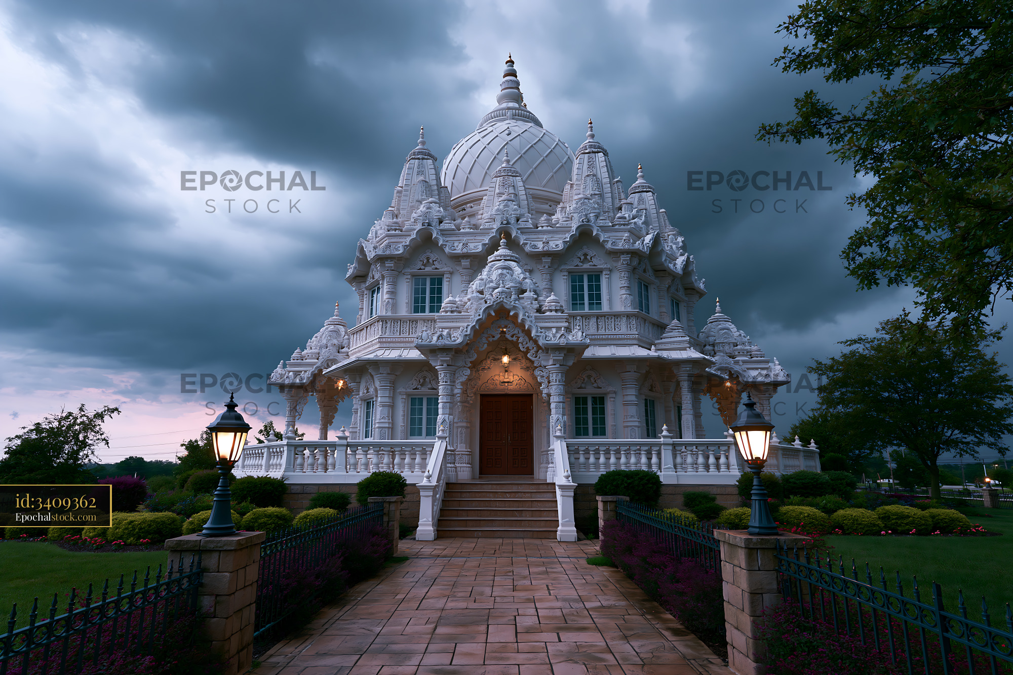 Watermarked full-resolution preview of Beautiful temple with cloudy sky in the early evening