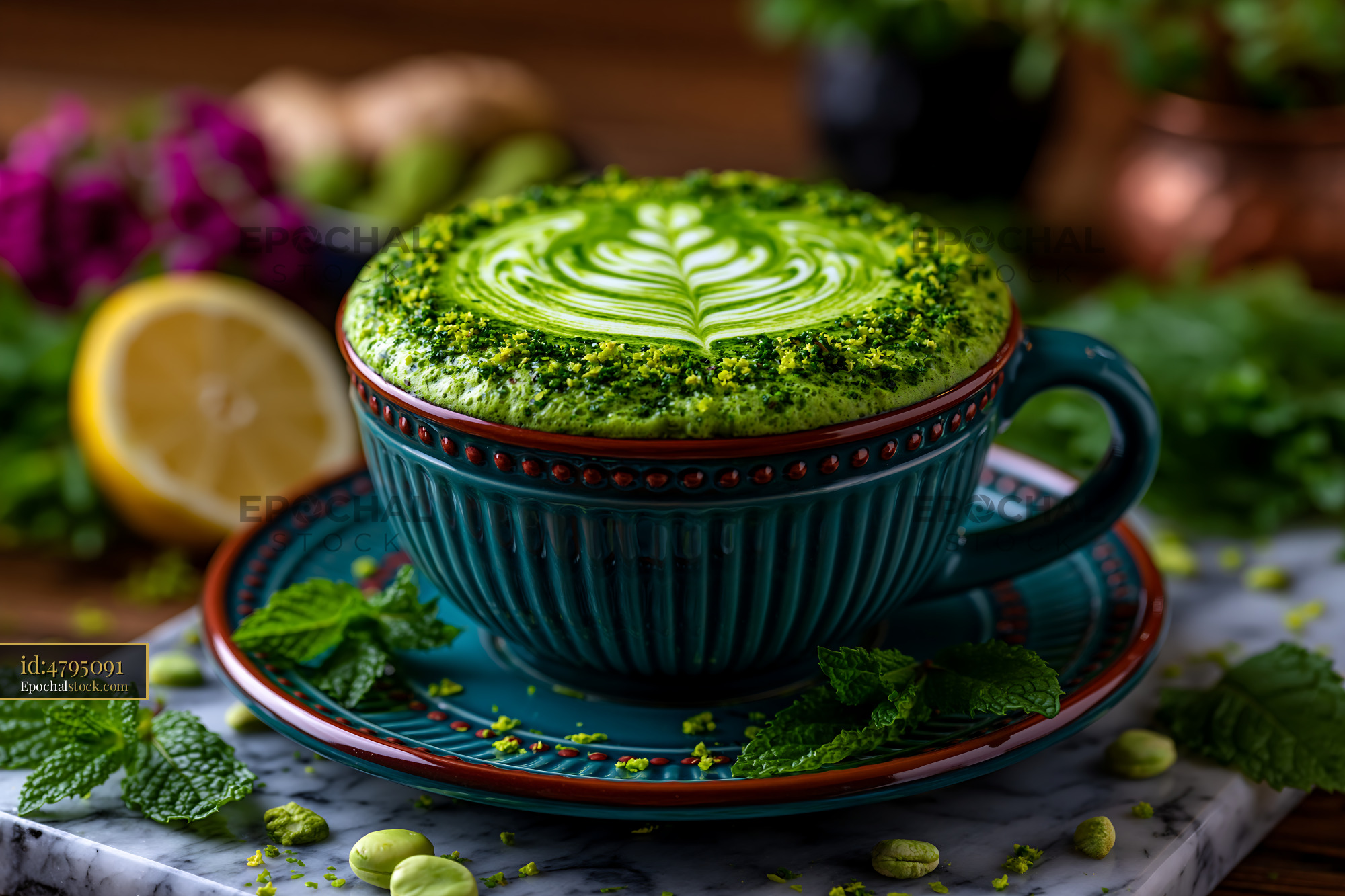 Watermarked full-resolution preview of Matcha latte with leaf design in a blue cup