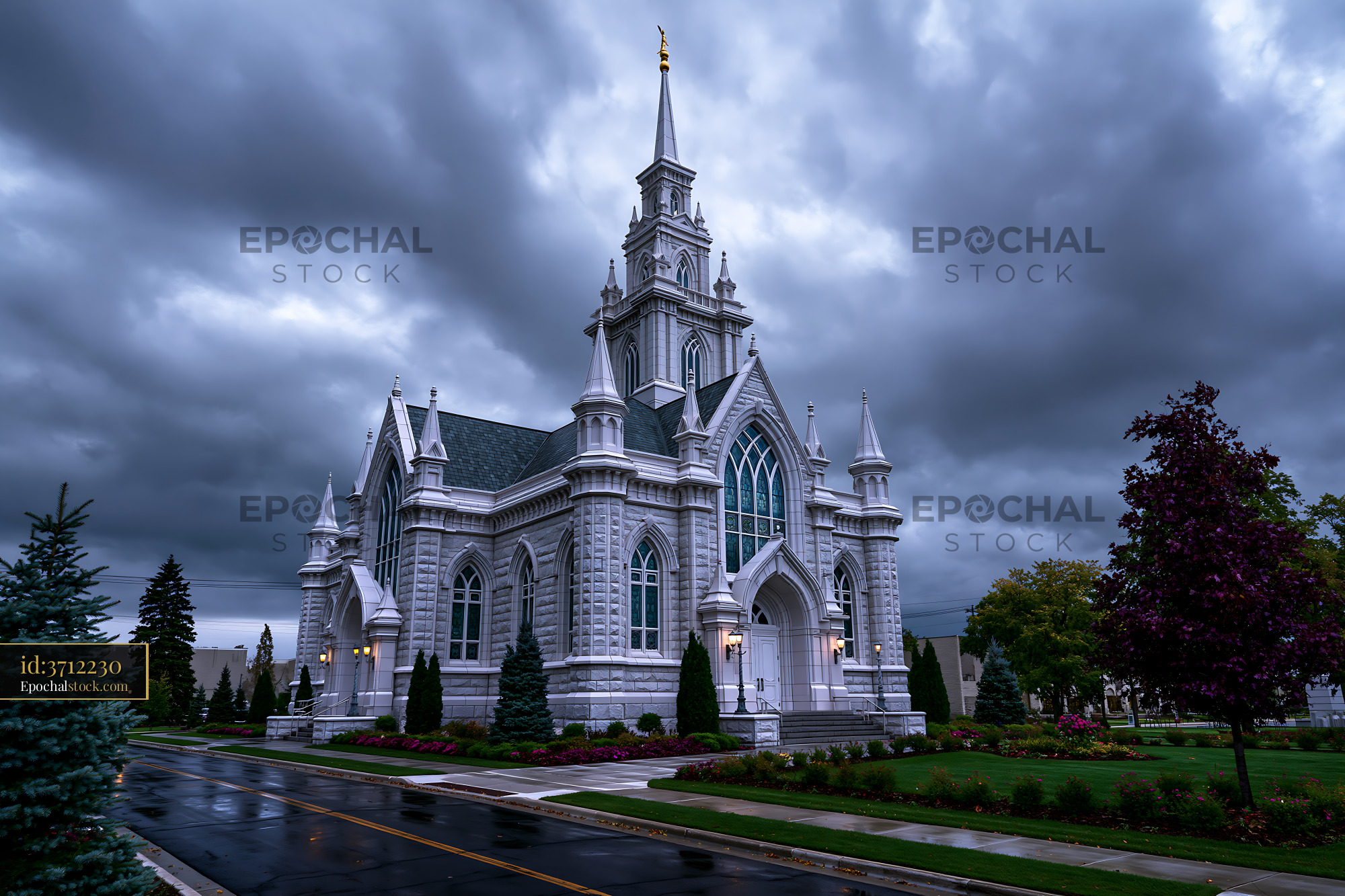 Watermarked full-resolution preview of Cloudy sky over a large church building with detailed architecture