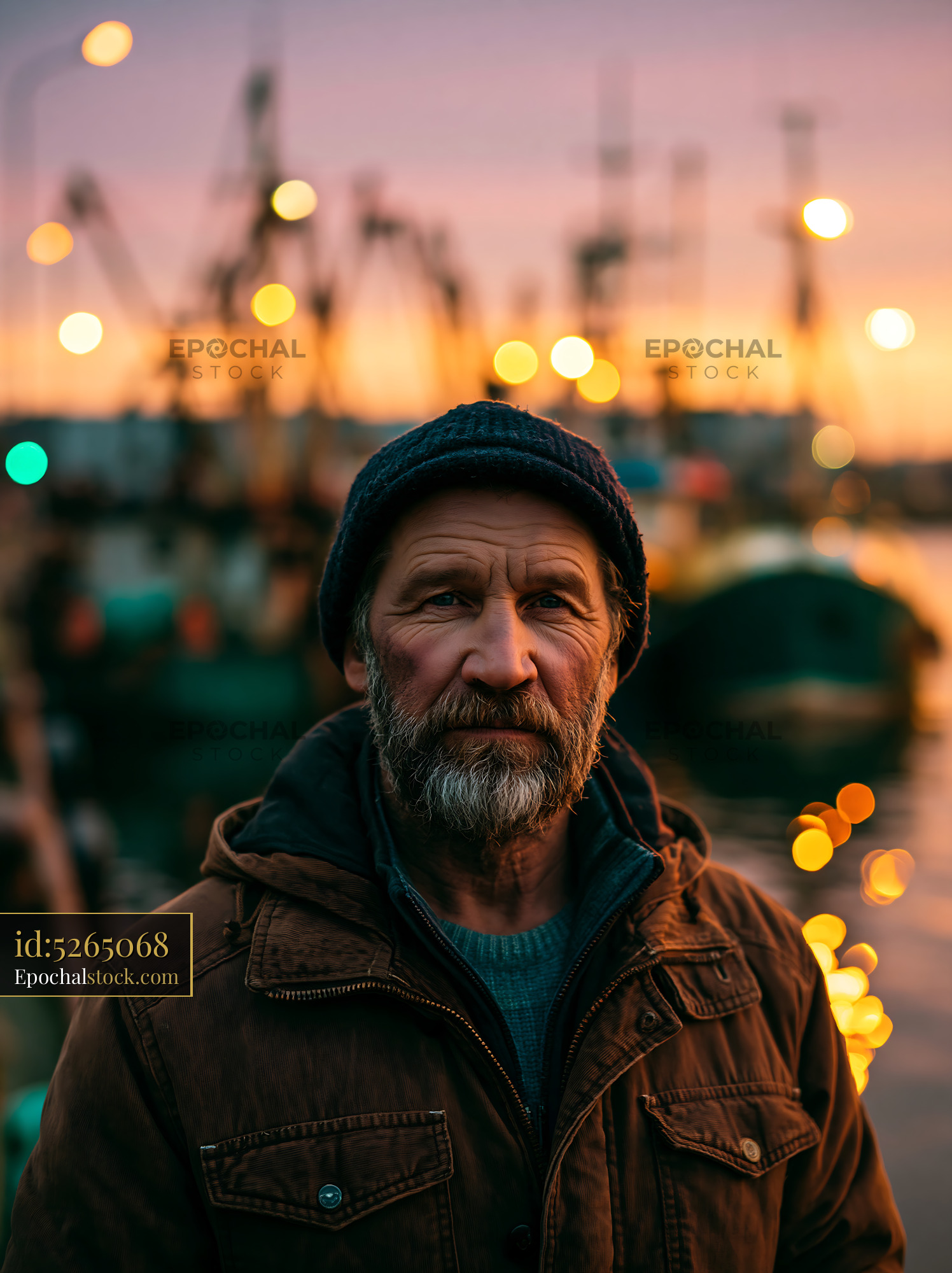 Watermarked full-resolution preview of Portrait of a man by the harbor at sunset