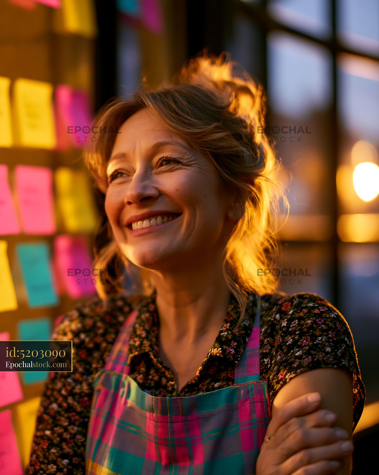 Watermarked full-resolution preview of Woman smiling by a wall of colorful sticky notes at sunset