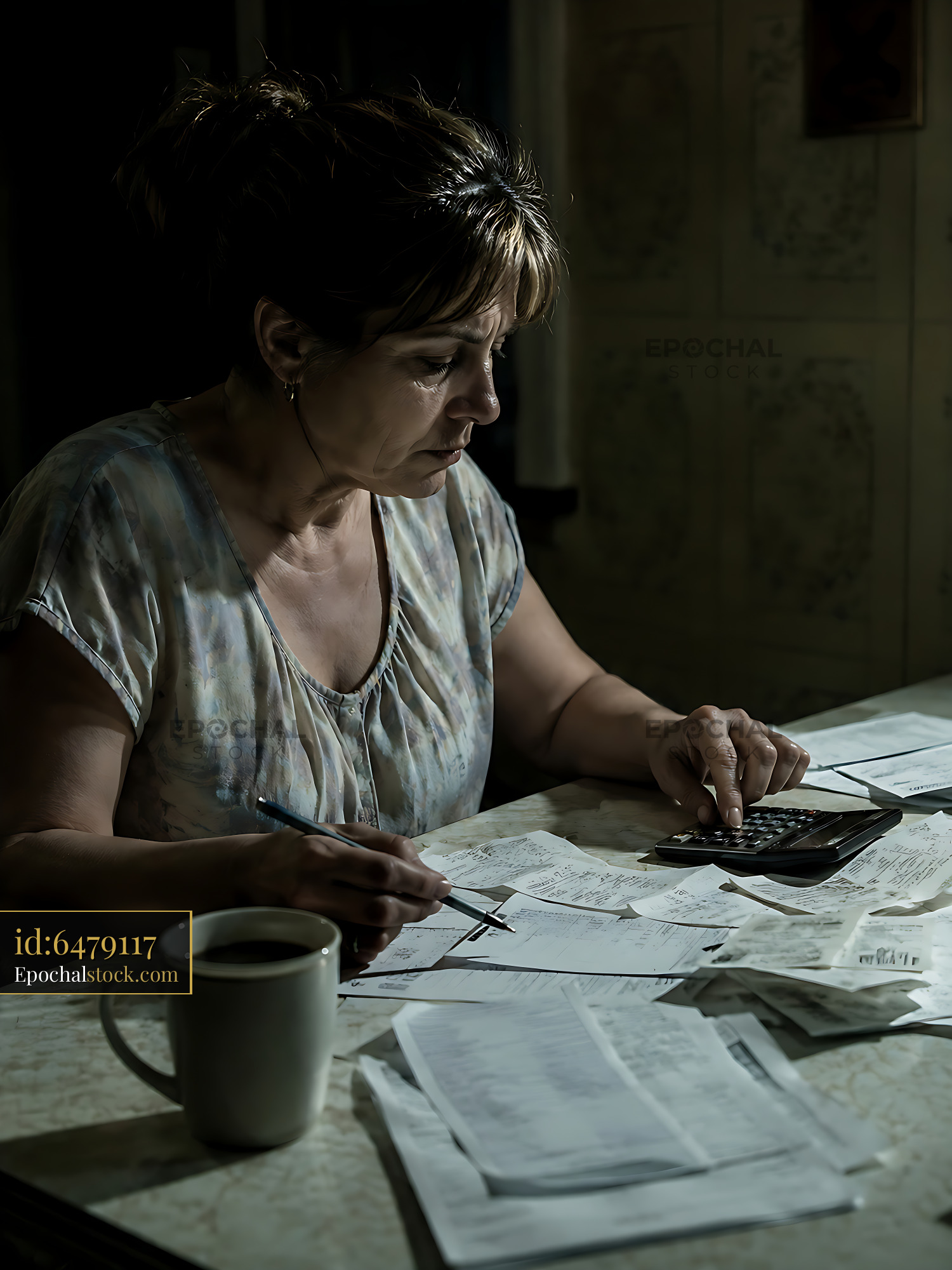 Woman Calculating Expenses at a Table With Documents and Coffee - stock photo