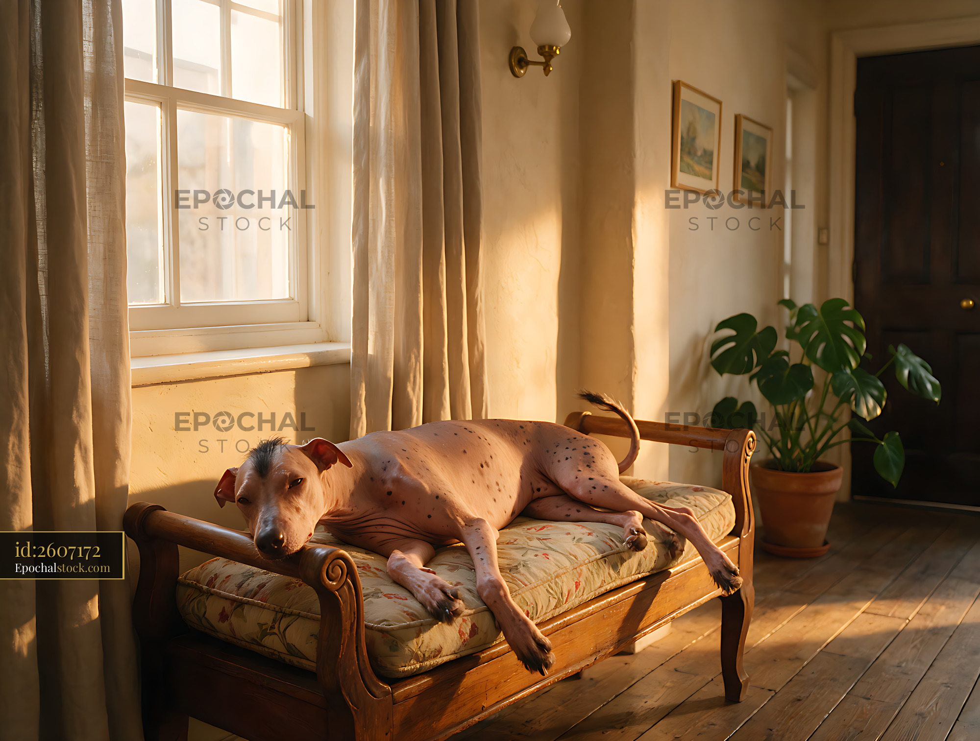Watermarked full-resolution preview of Spotted hairless dog relaxing indoors on an upholstered chaise