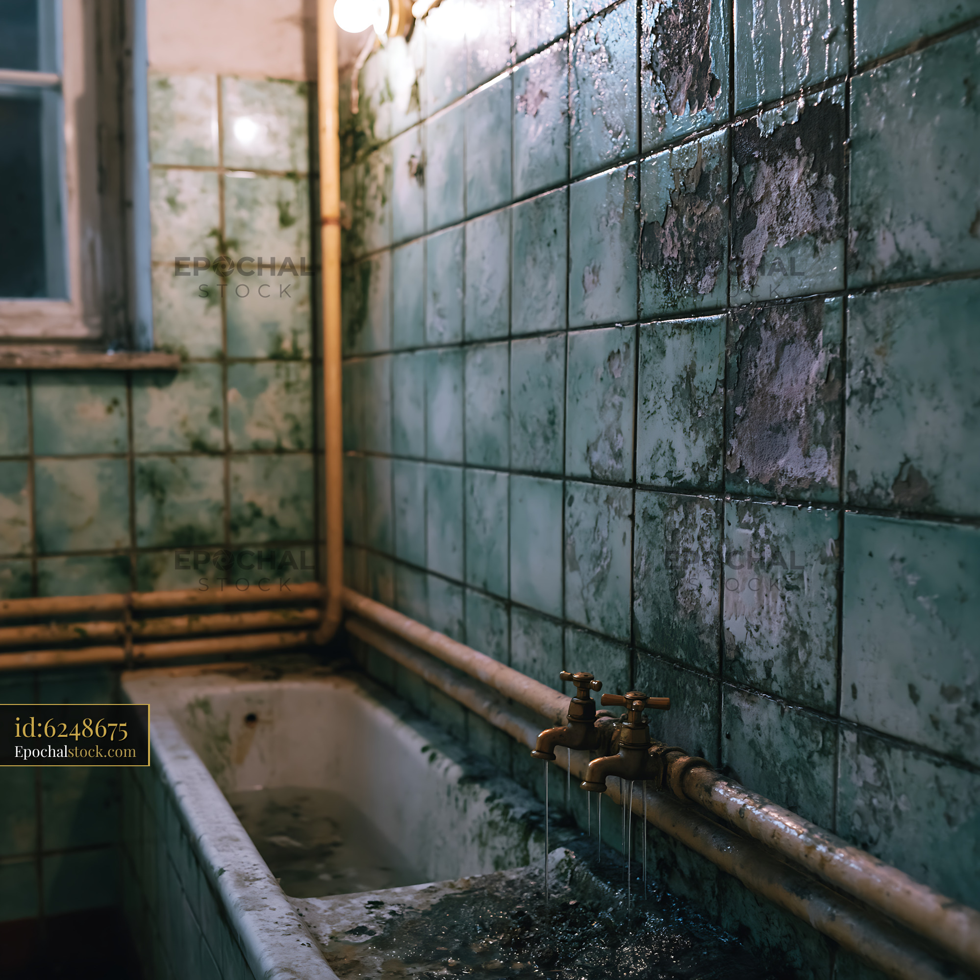 Watermarked full-resolution preview of Old bathroom with a rusty bathtub and peeling tiles in dim light