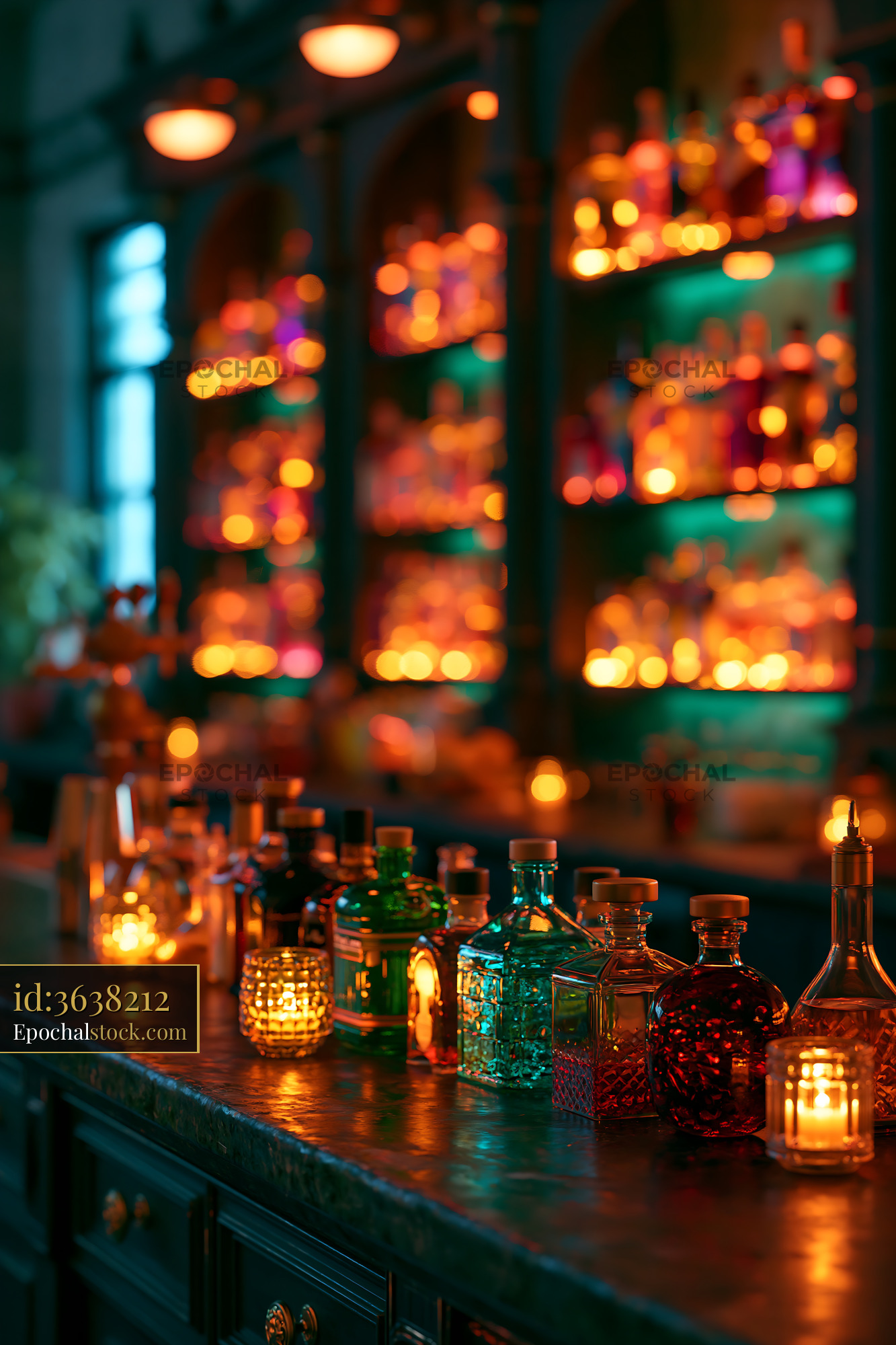 Watermarked full-resolution preview of Colorful bottles and candles in a dimly lit bar setting