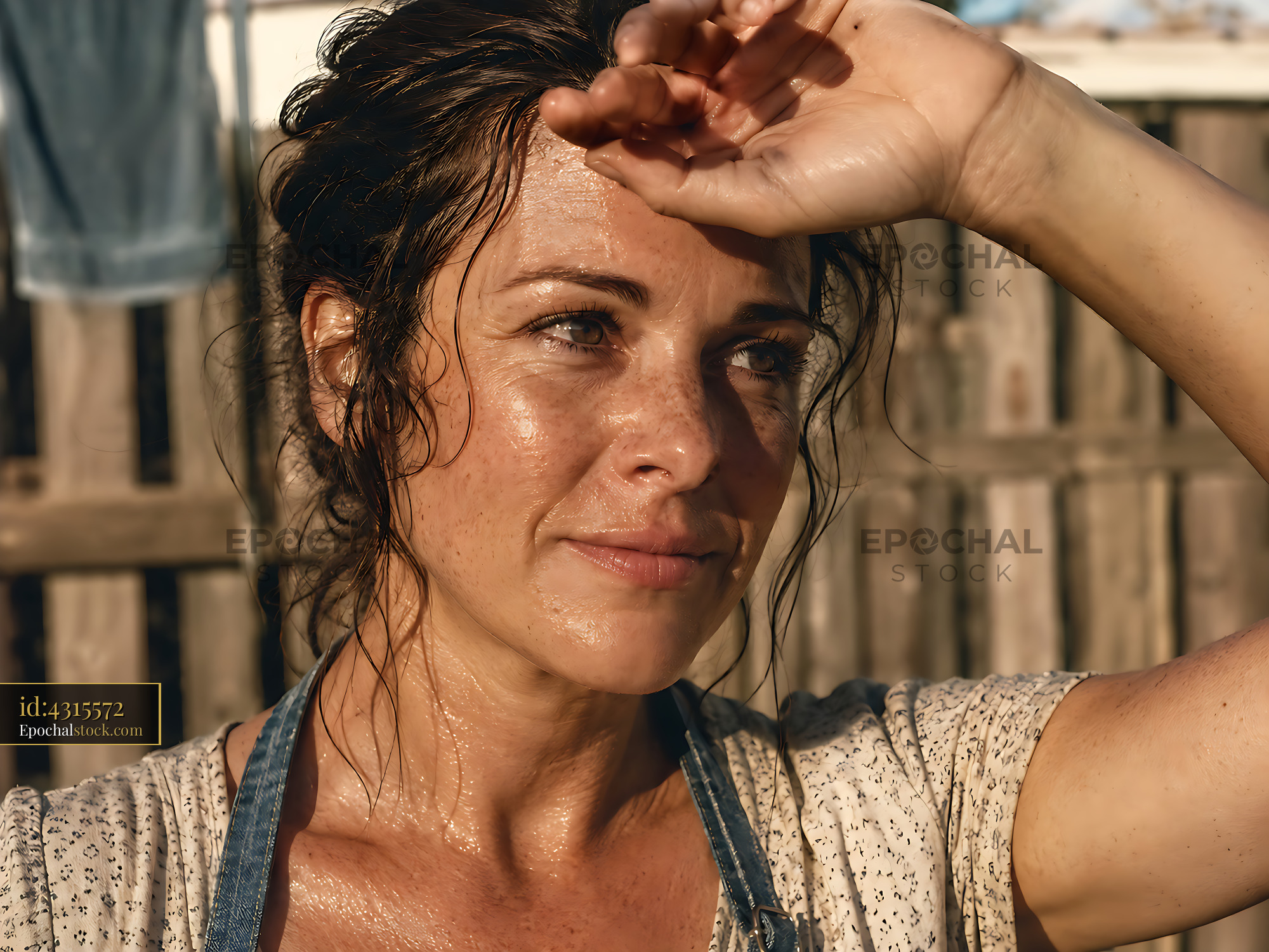 Watermarked full-resolution preview of Woman wiping sweat from her forehead outdoors