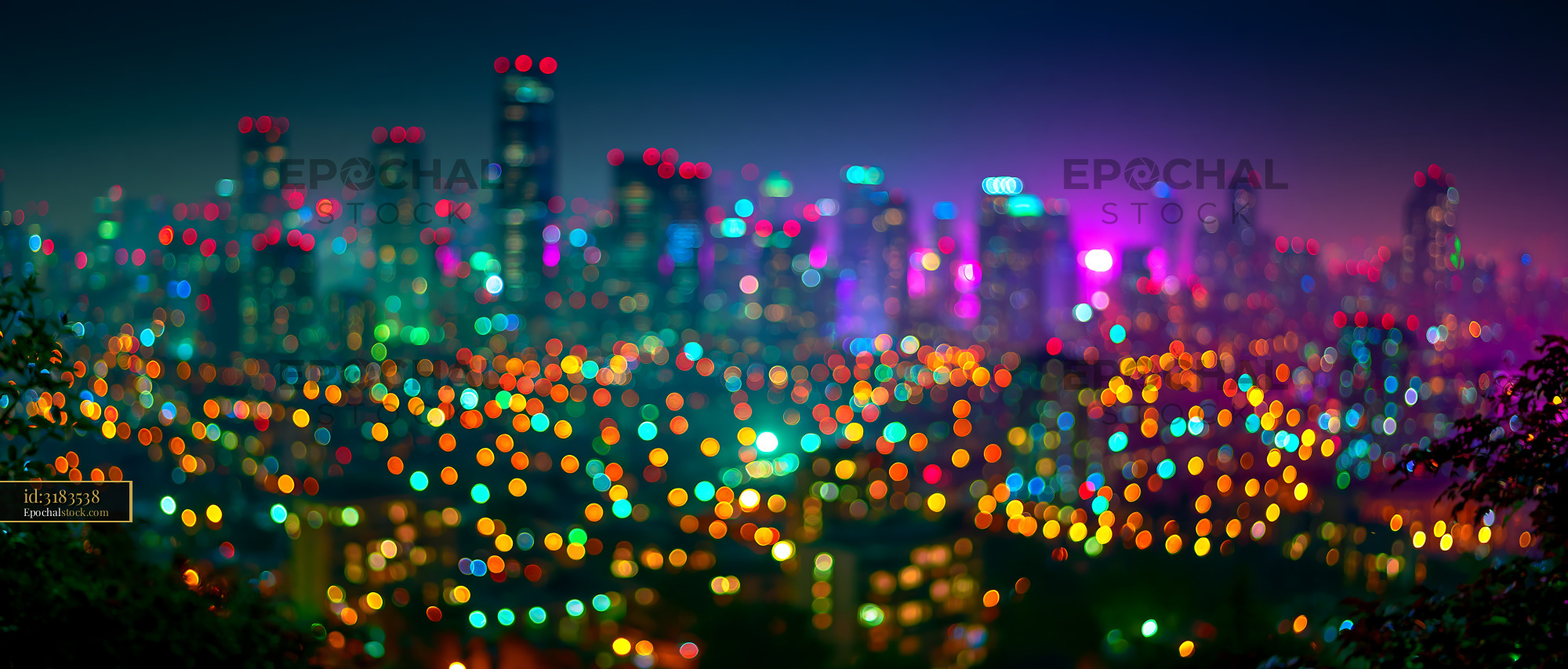 Watermarked full-resolution preview of Colorful city skyline at night with bright lights