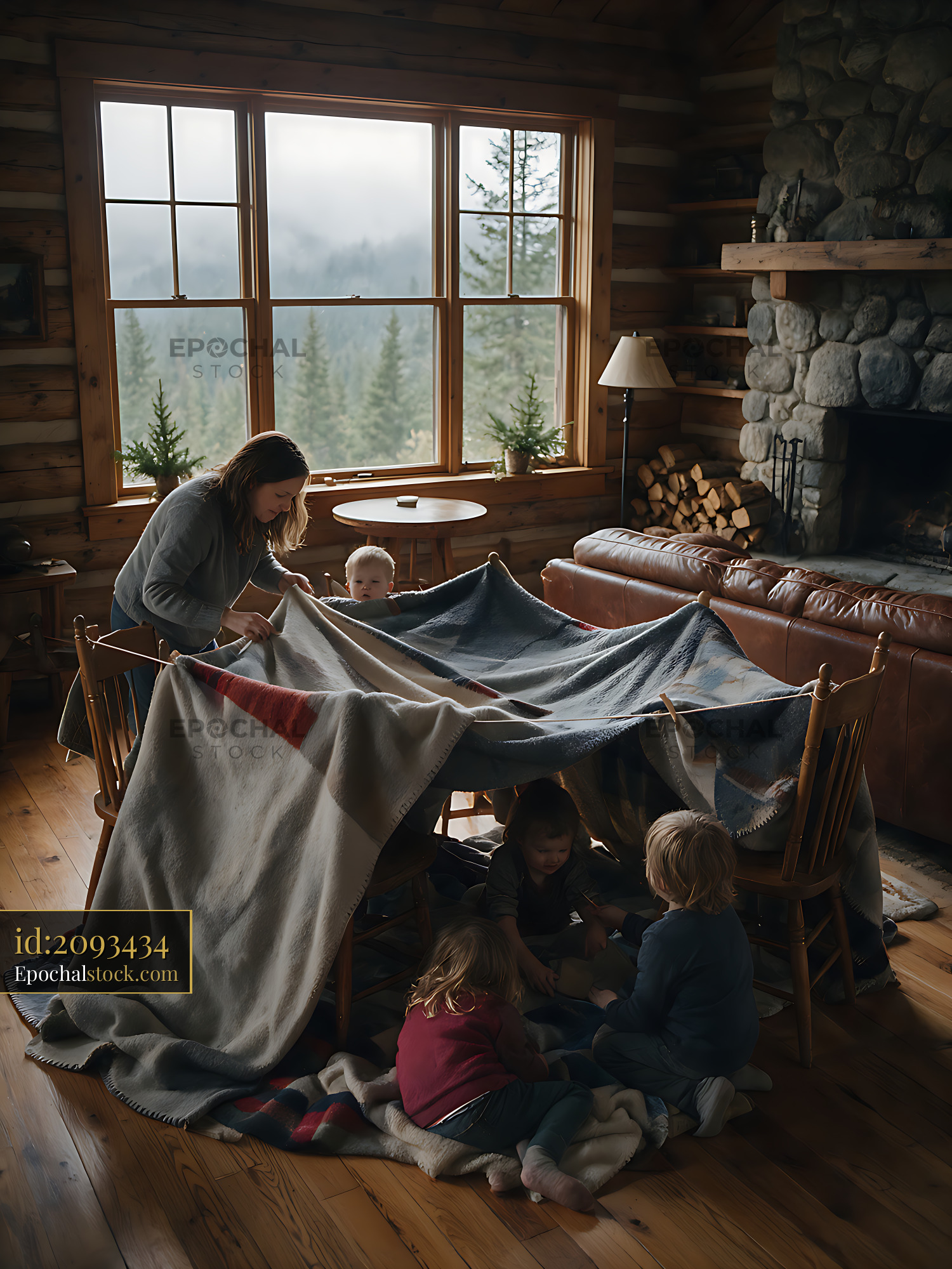Watermarked full-resolution preview of Family building a blanket fort in a rustic cabin living room