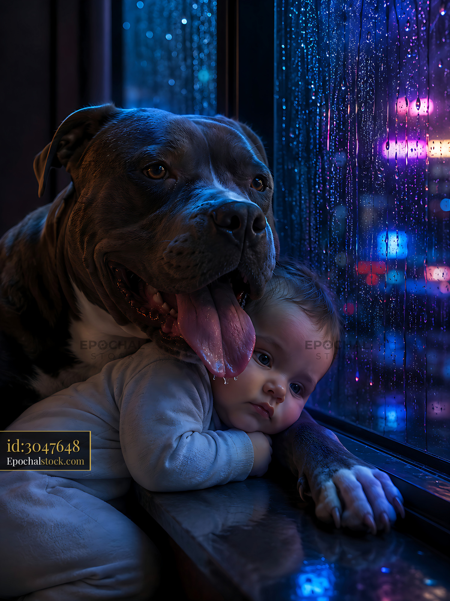 Watermarked full-resolution preview of Child and dog enjoy rainy day by the window