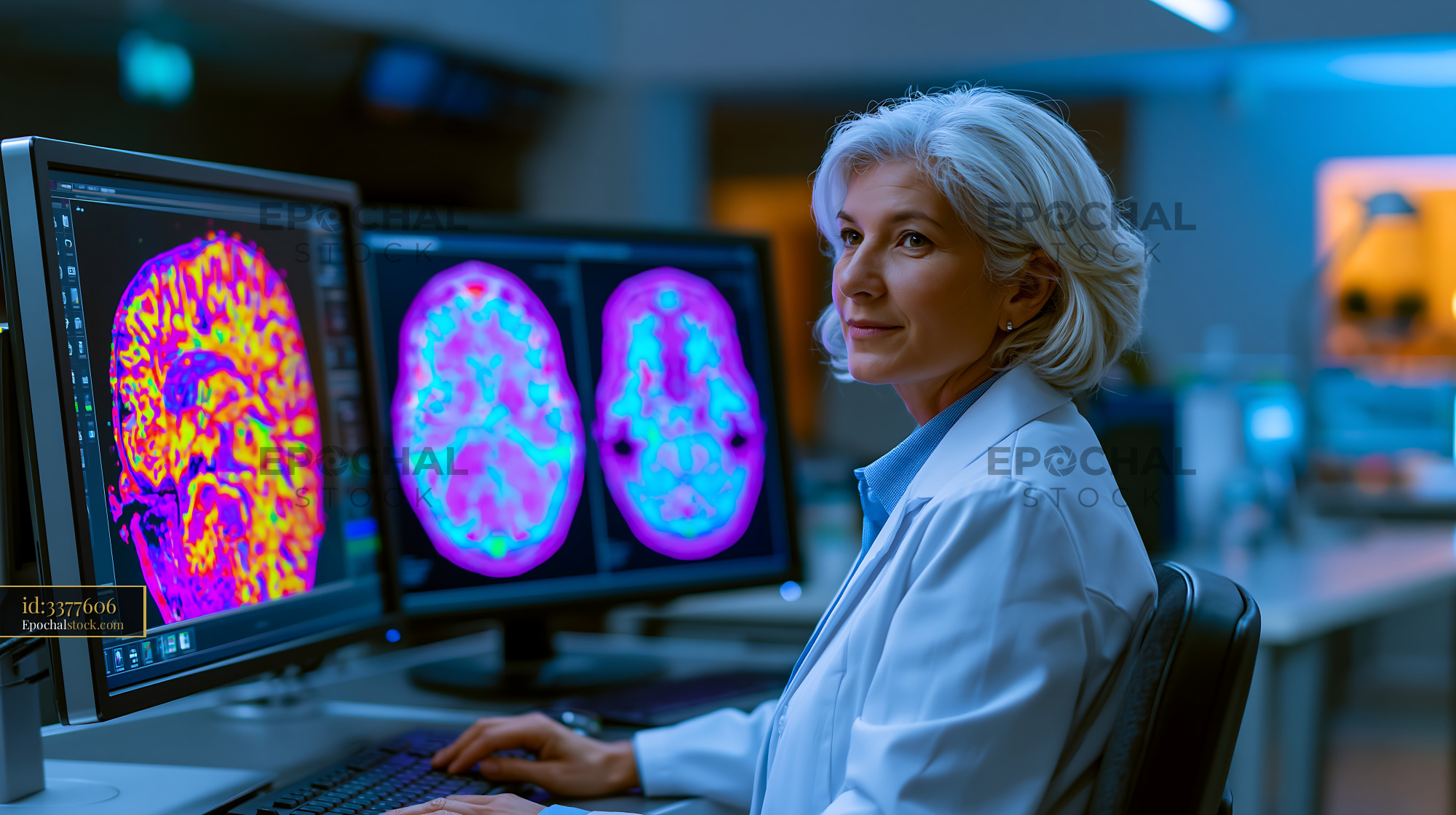 Watermarked full-resolution preview of Female scientist analyzes brain scans in a research laboratory